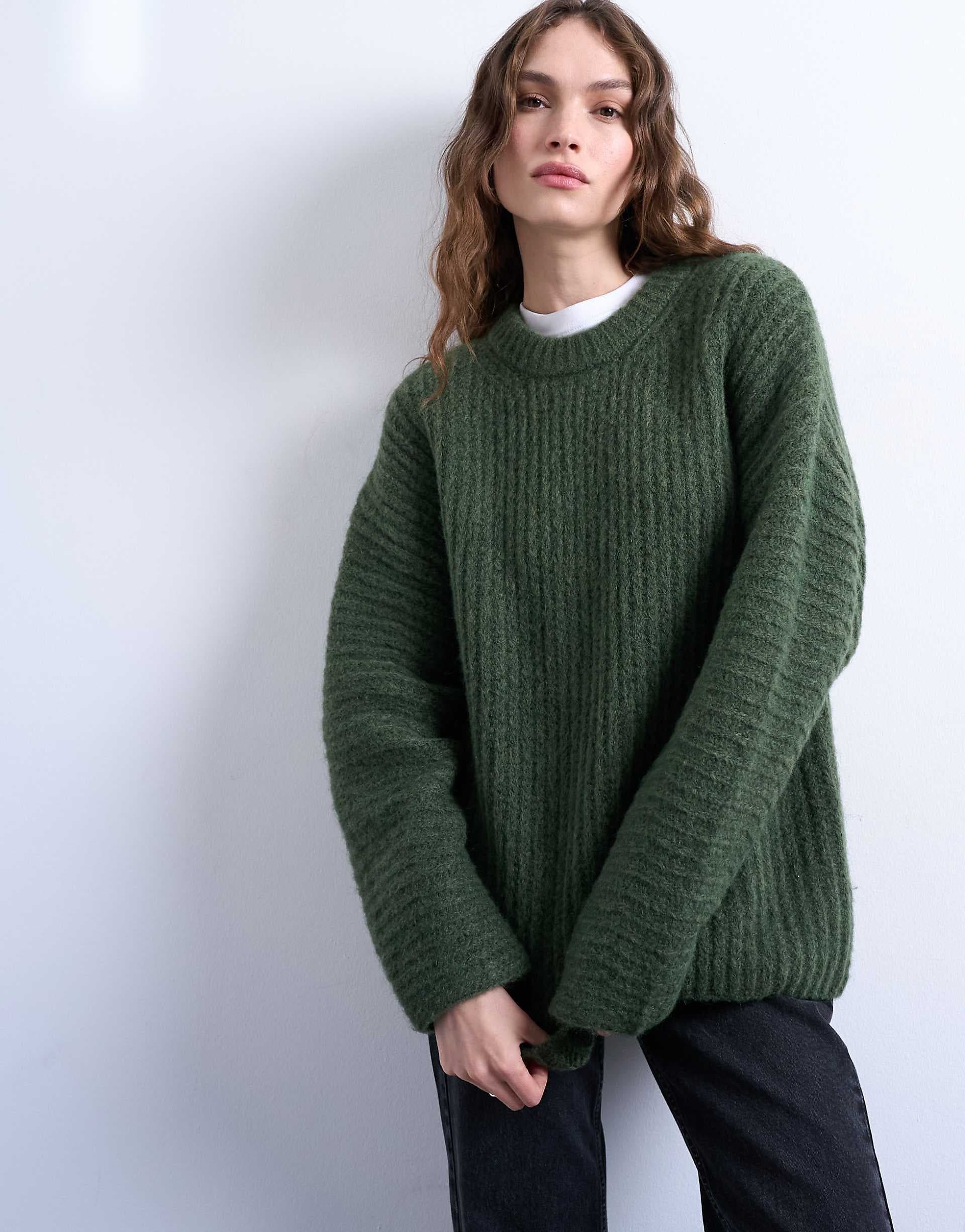 Topshop oversized balloon sleeve rib knit sweater in green