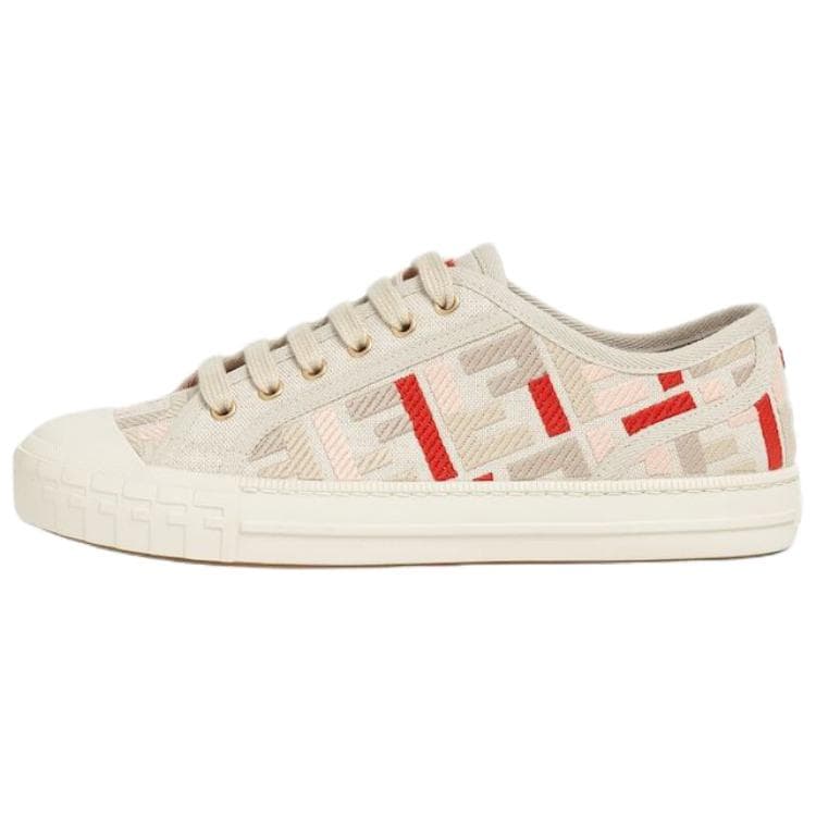 FENDI Domino Round Toe Lace-Up Low-Top Canvas Shoes Women's Beige