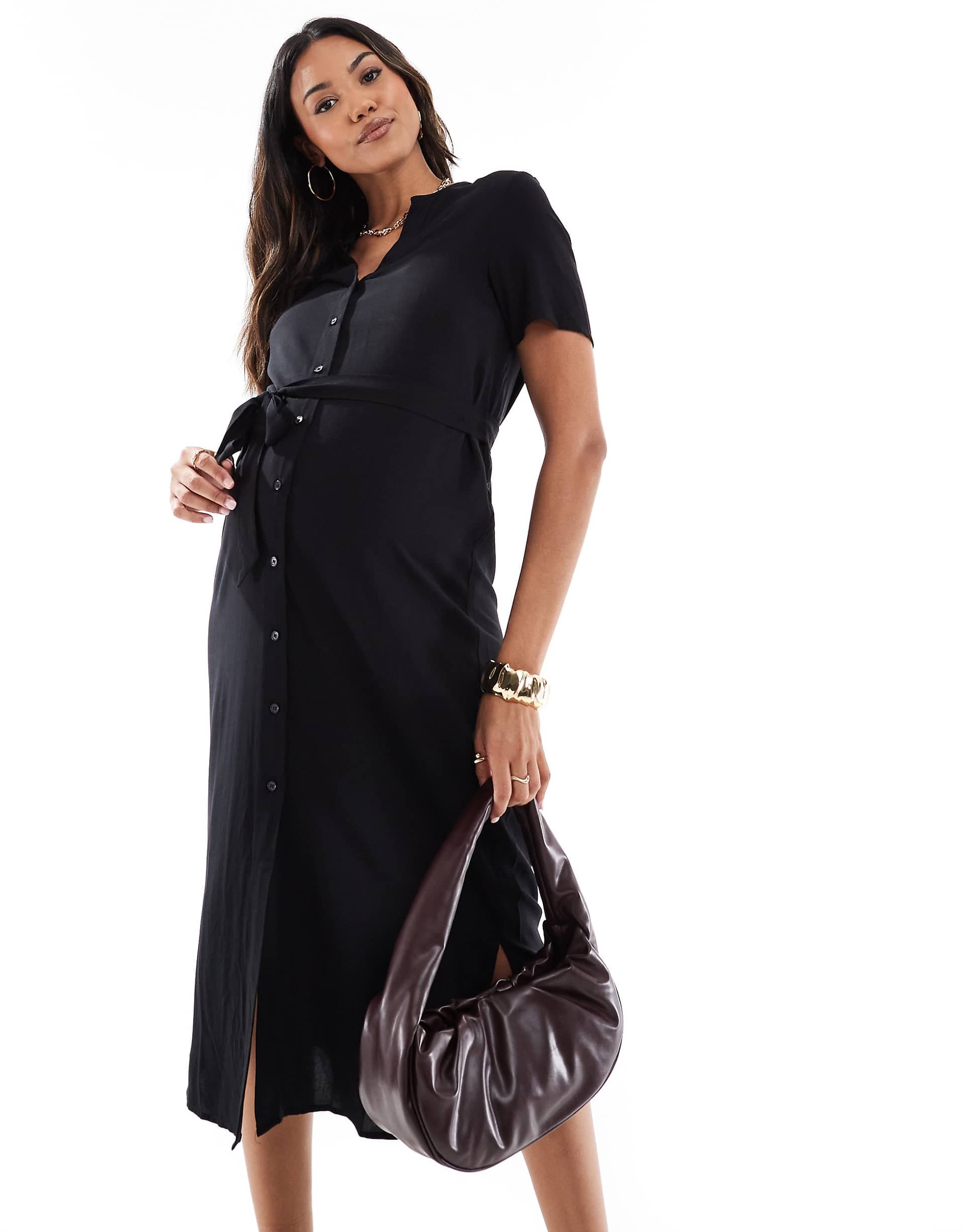 Vero Moda Maternity midi shirt dress with tie waist in black