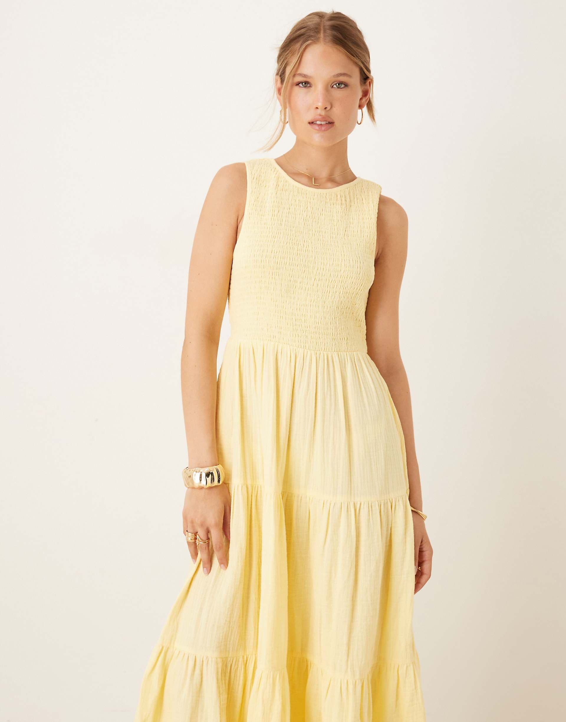 Nobody's Child Charlie sleeveless tiered midi dress in lemon