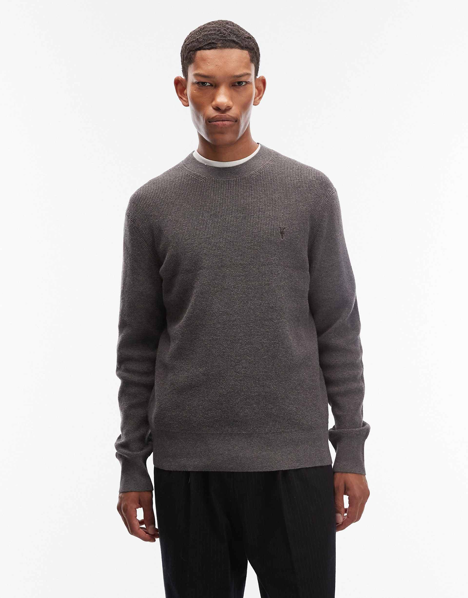 AllSaints waffle knit crew neck logo sweater in charcoal gray