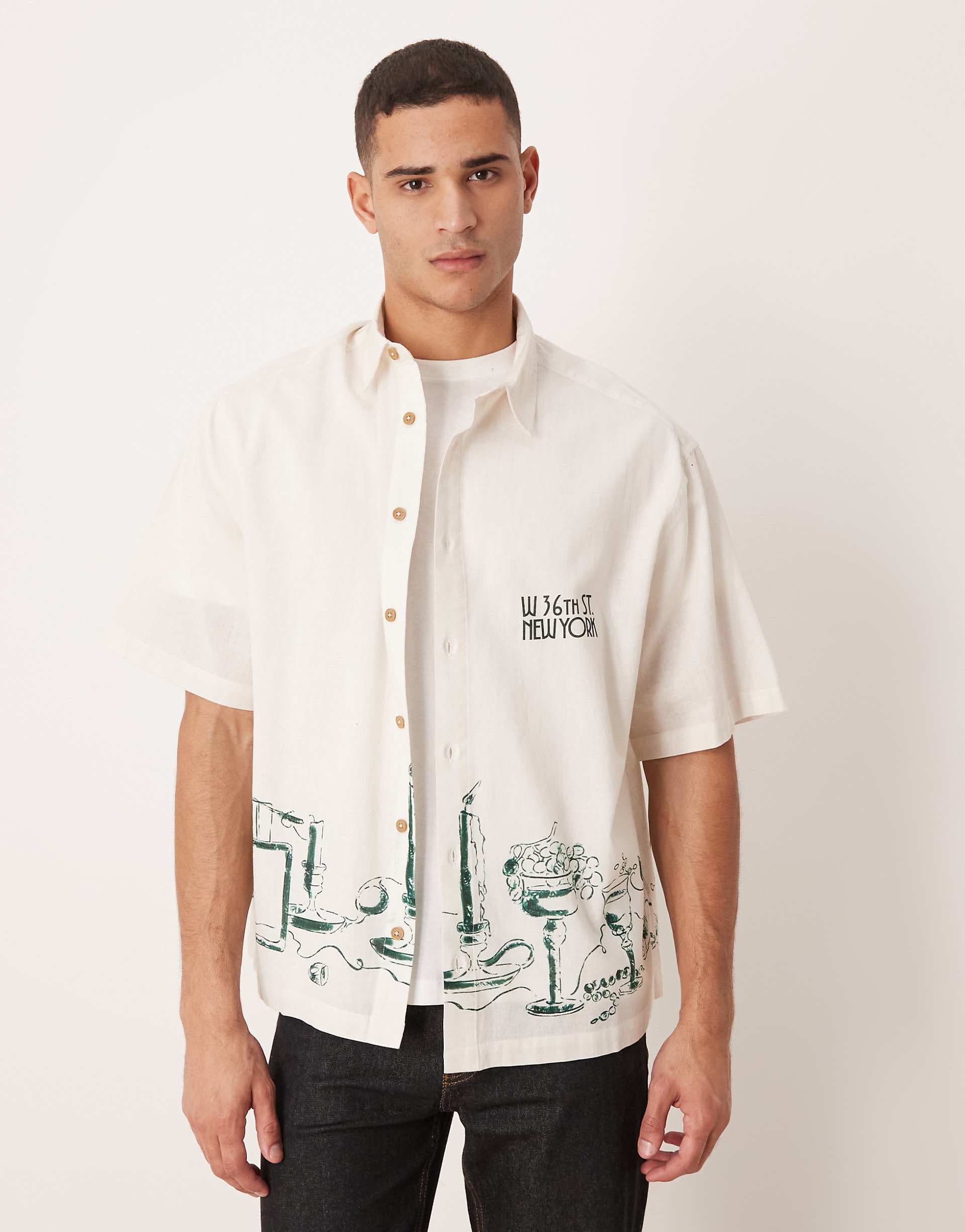 ASOS DESIGN oversized shirt with linen with placement print in off white