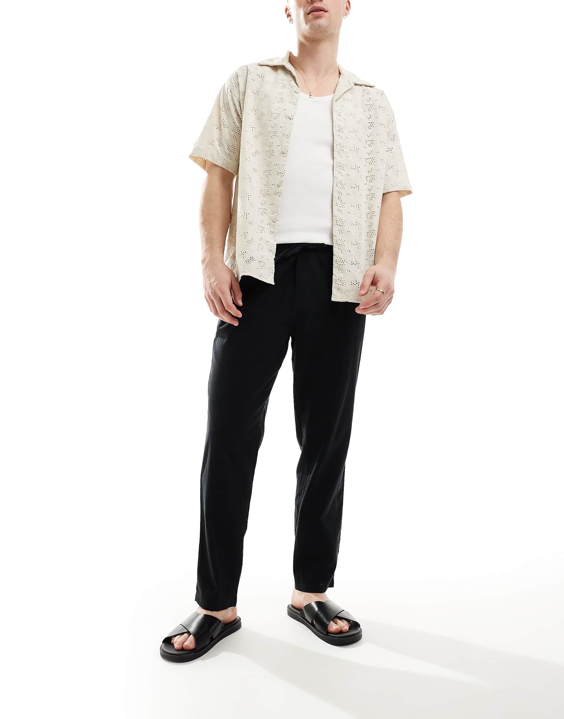 Jack & Jones slim tapered drawstring linen pants in black