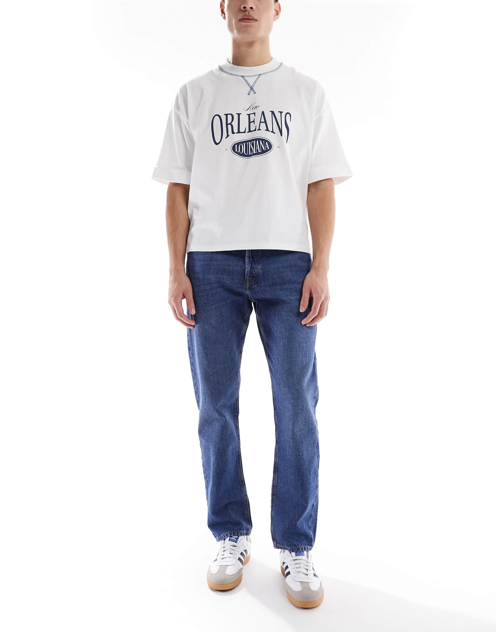 Jack & Jones Chris straight rigid jeans in mid blue wash