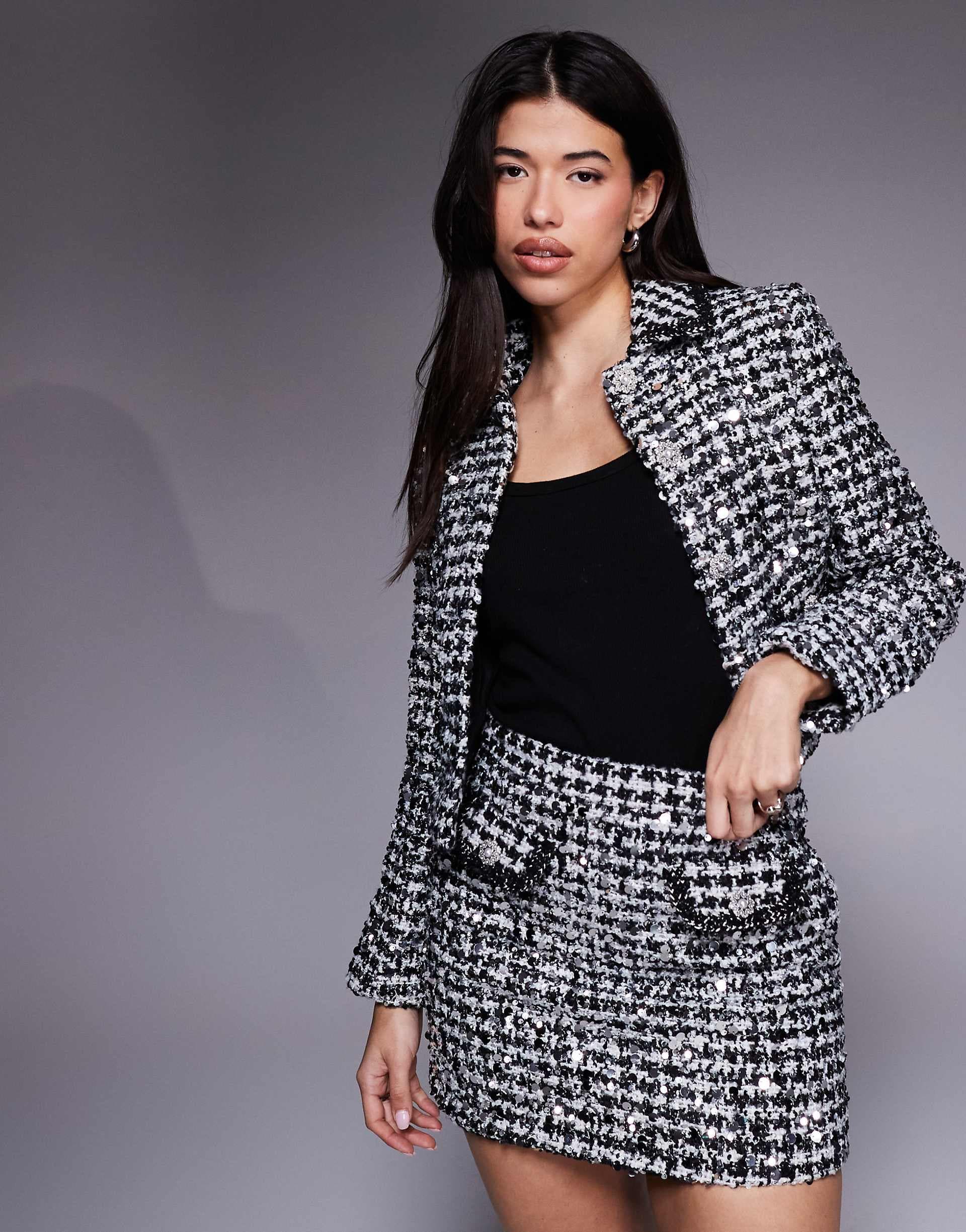 River Island tailored sparkly boucle jacket in black