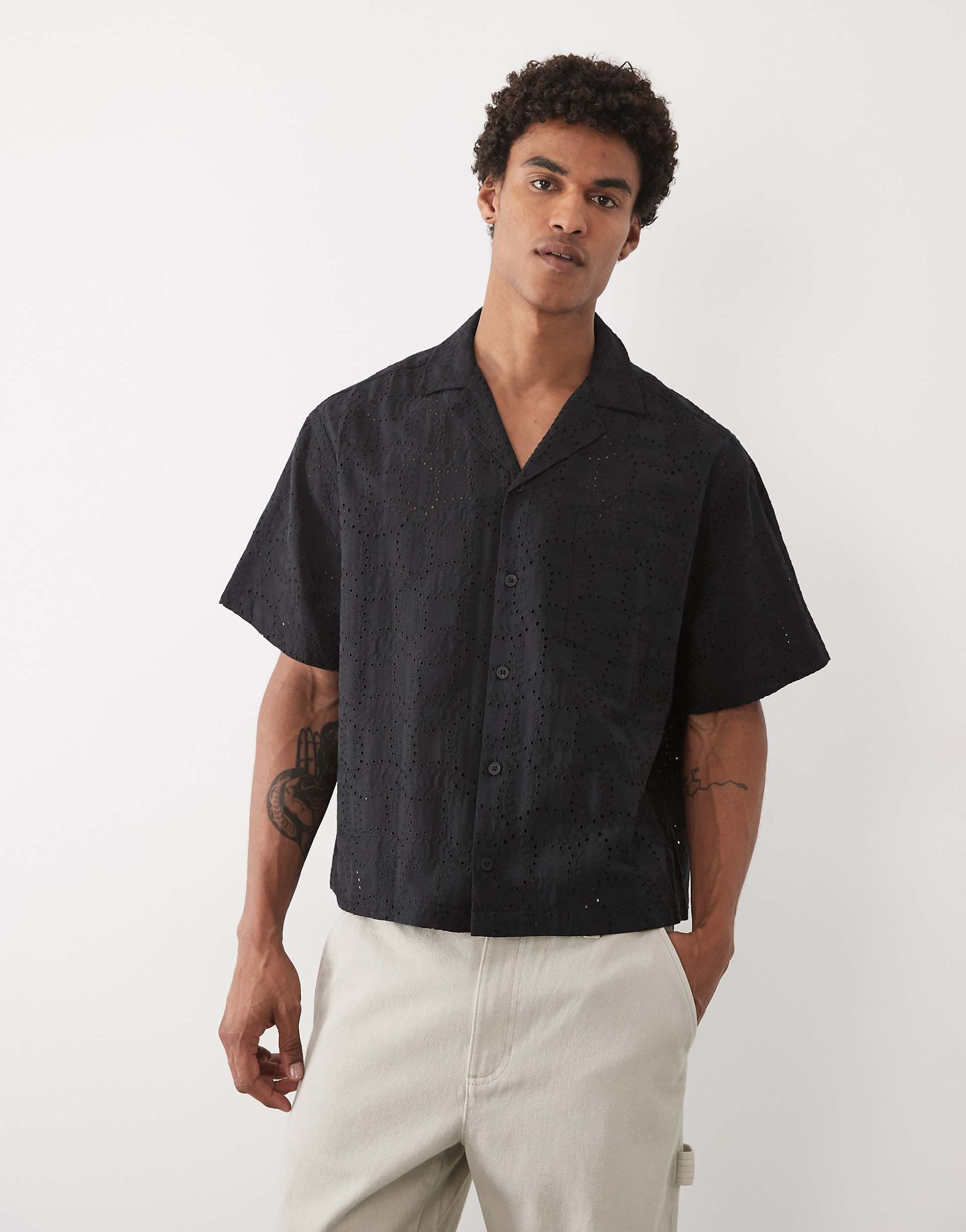 ASOS DESIGN boxy oversized revere broderie shirt in black