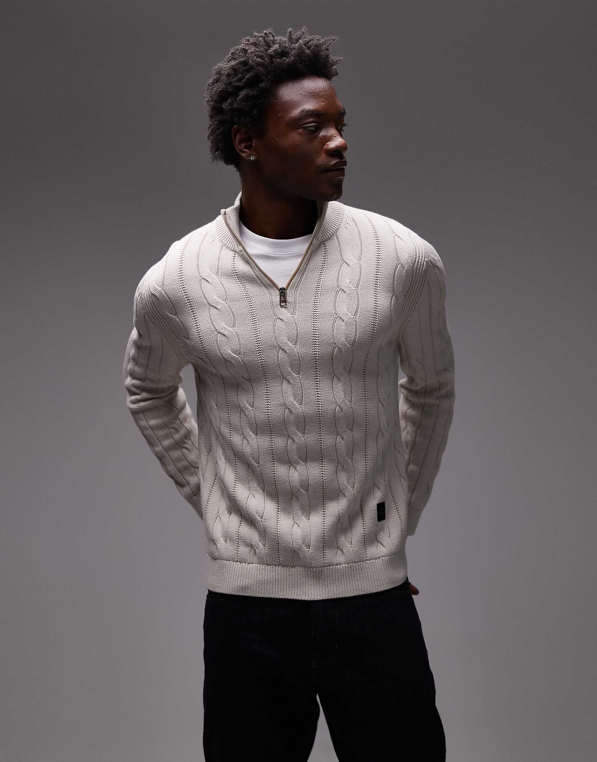 Paul Smith quarter zip cable knit sweater in off white