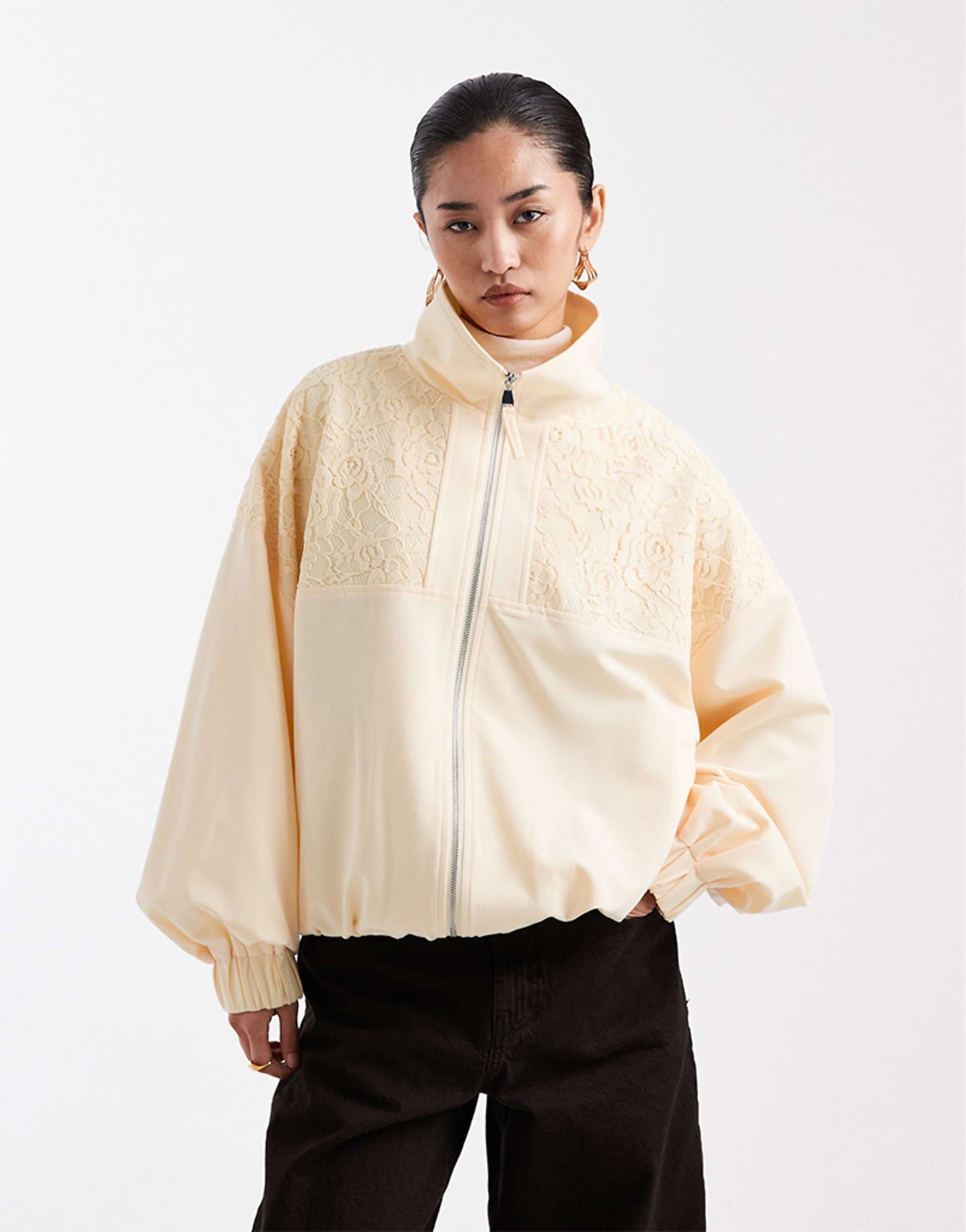 Miss Selfridge lace insert funnel neck track jacket in buttermilk
