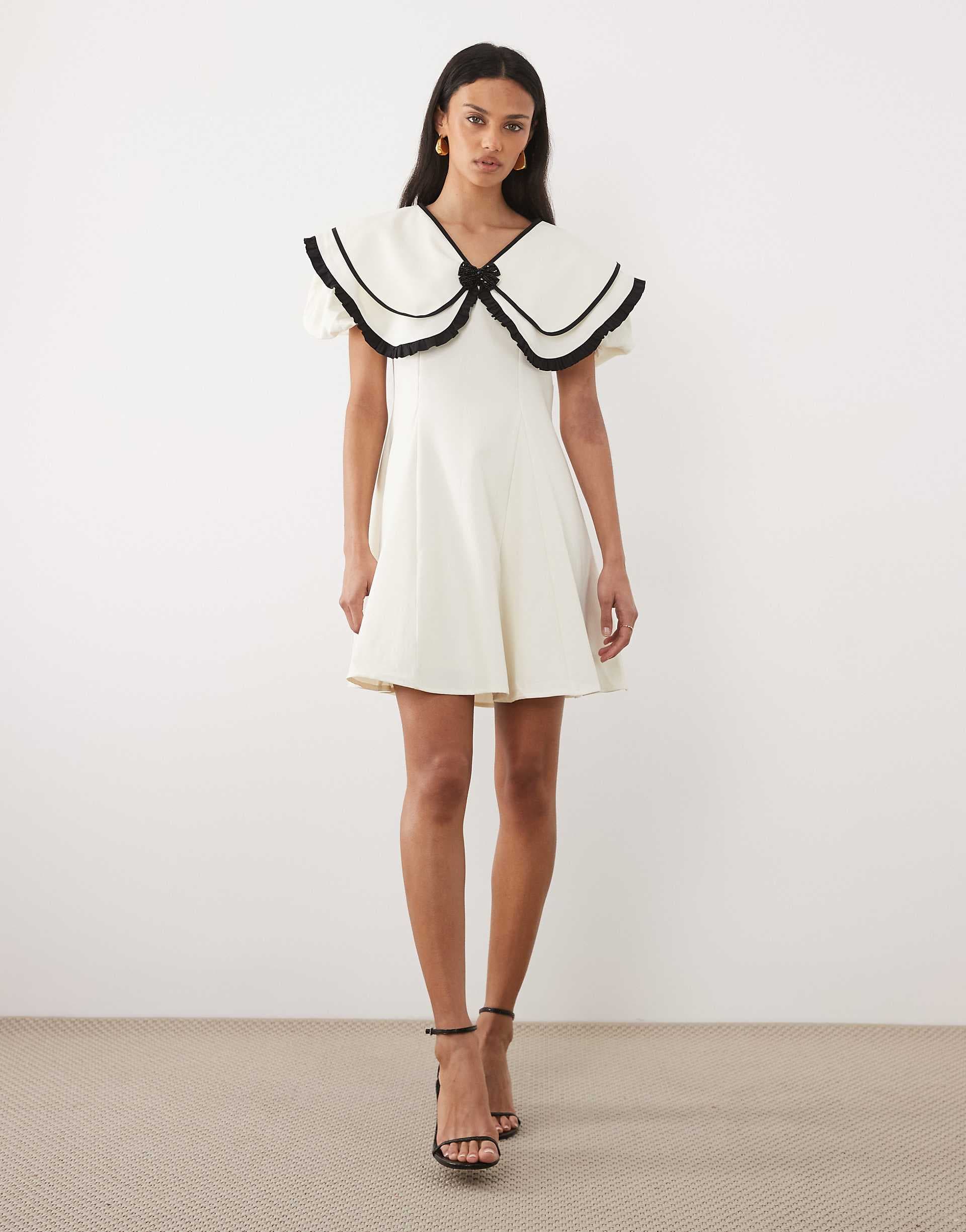 Sister Jane oversized collar puff sleeve mini dress with detachable beaded bow in white