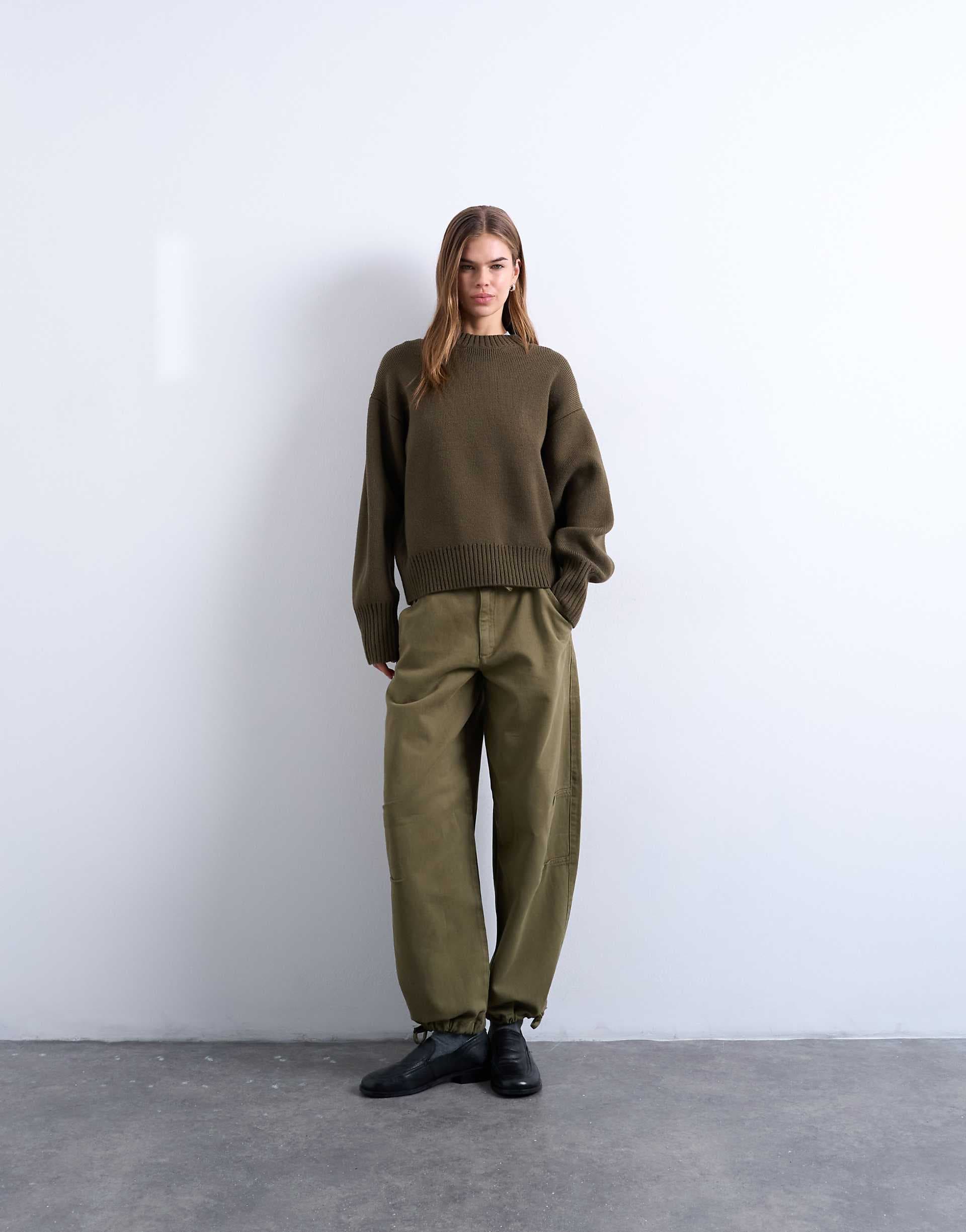 Topshop drawstring waist balloon pants in khaki green