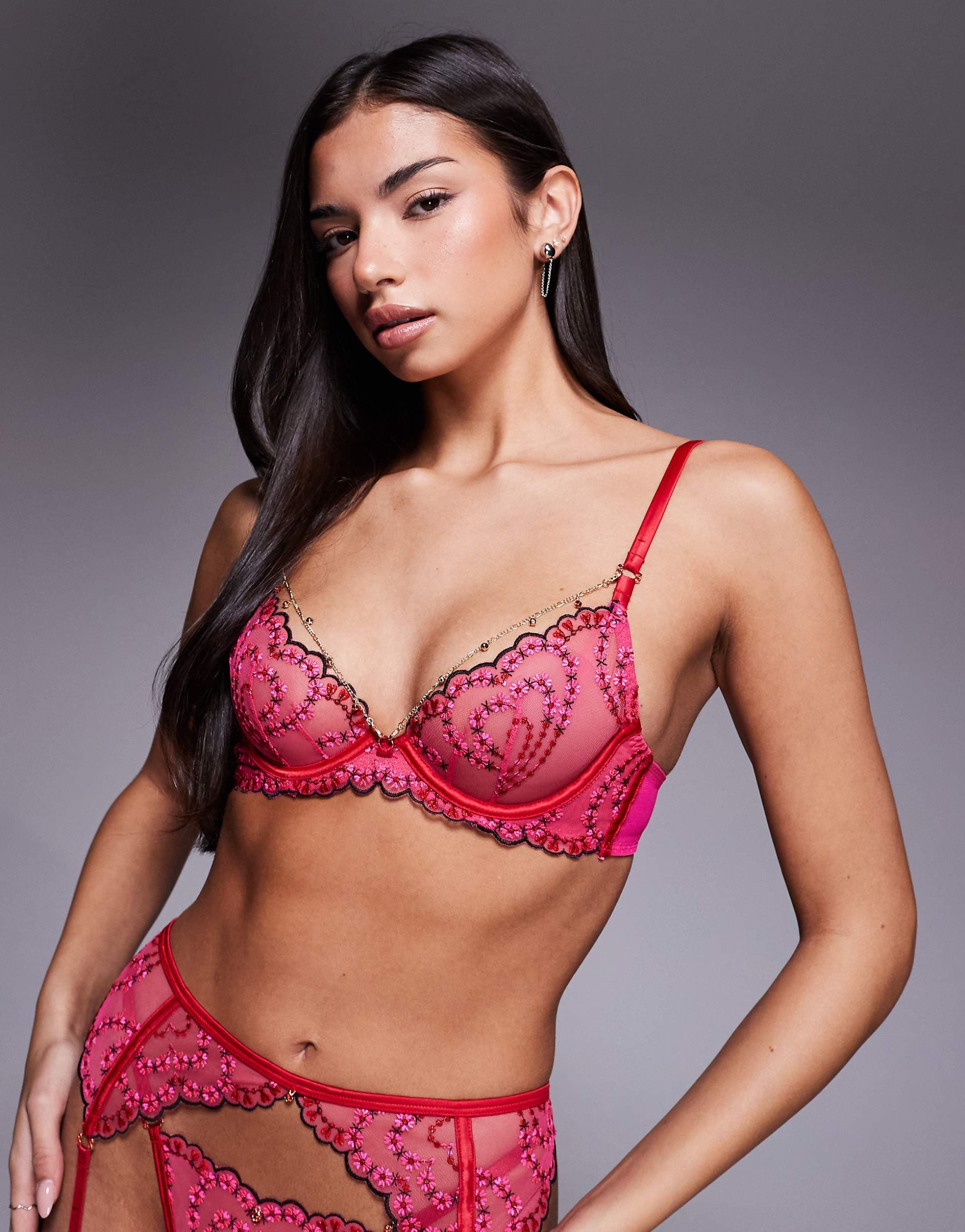 Ann Summers Cupid's Love non padded plunge bra with detachable chain in pink