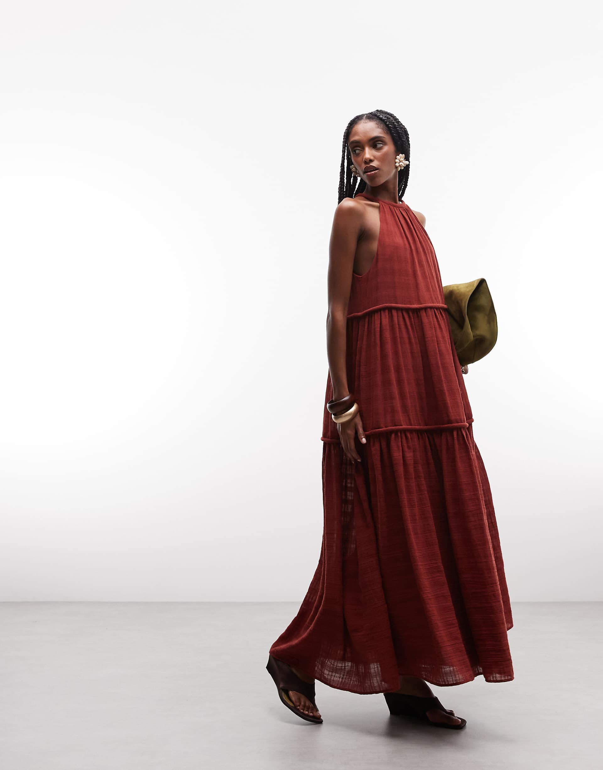 ASOS DESIGN halter neck tiered maxi sundress with chunky binding in rust