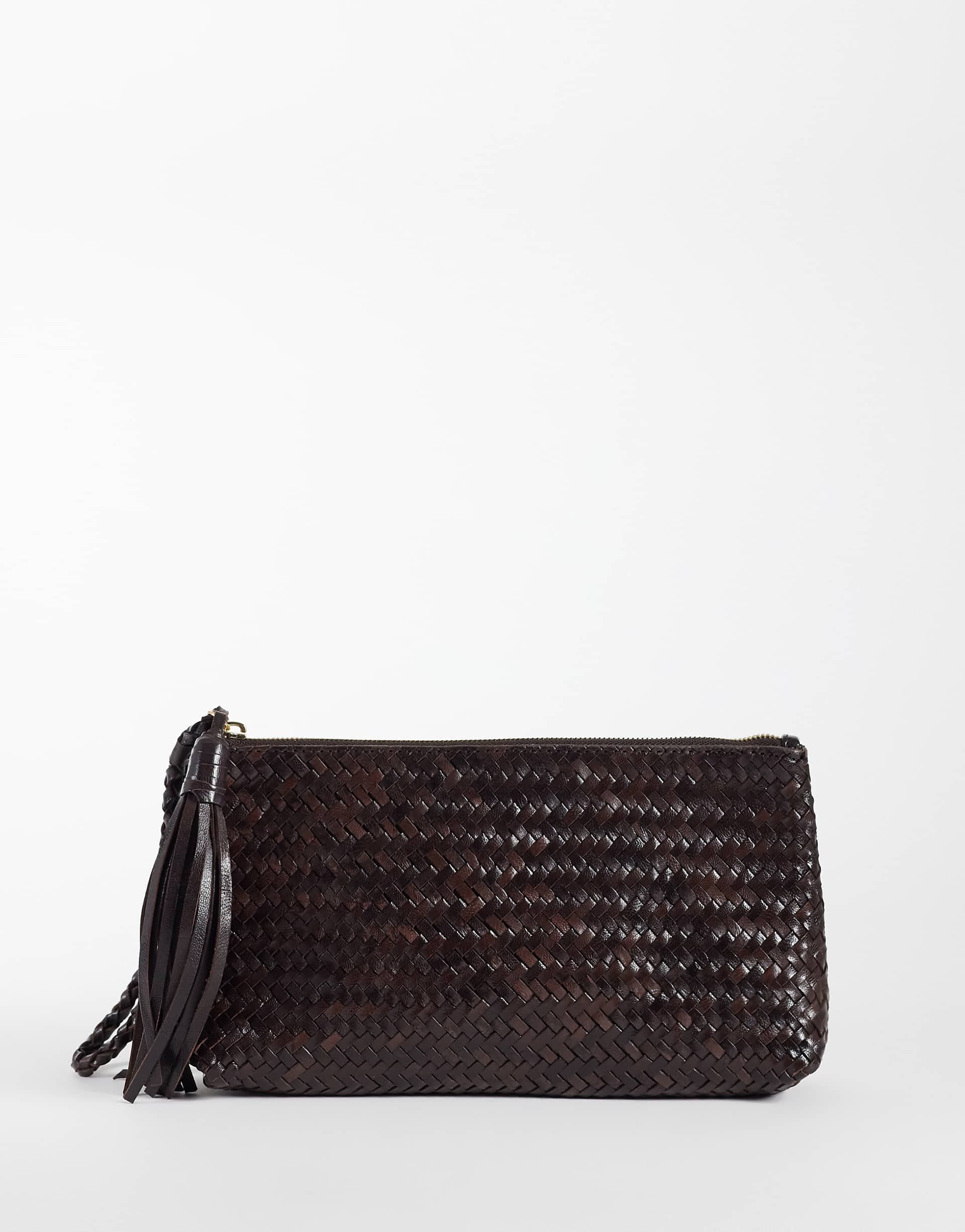 Mango 100% leather woven pouch in brown