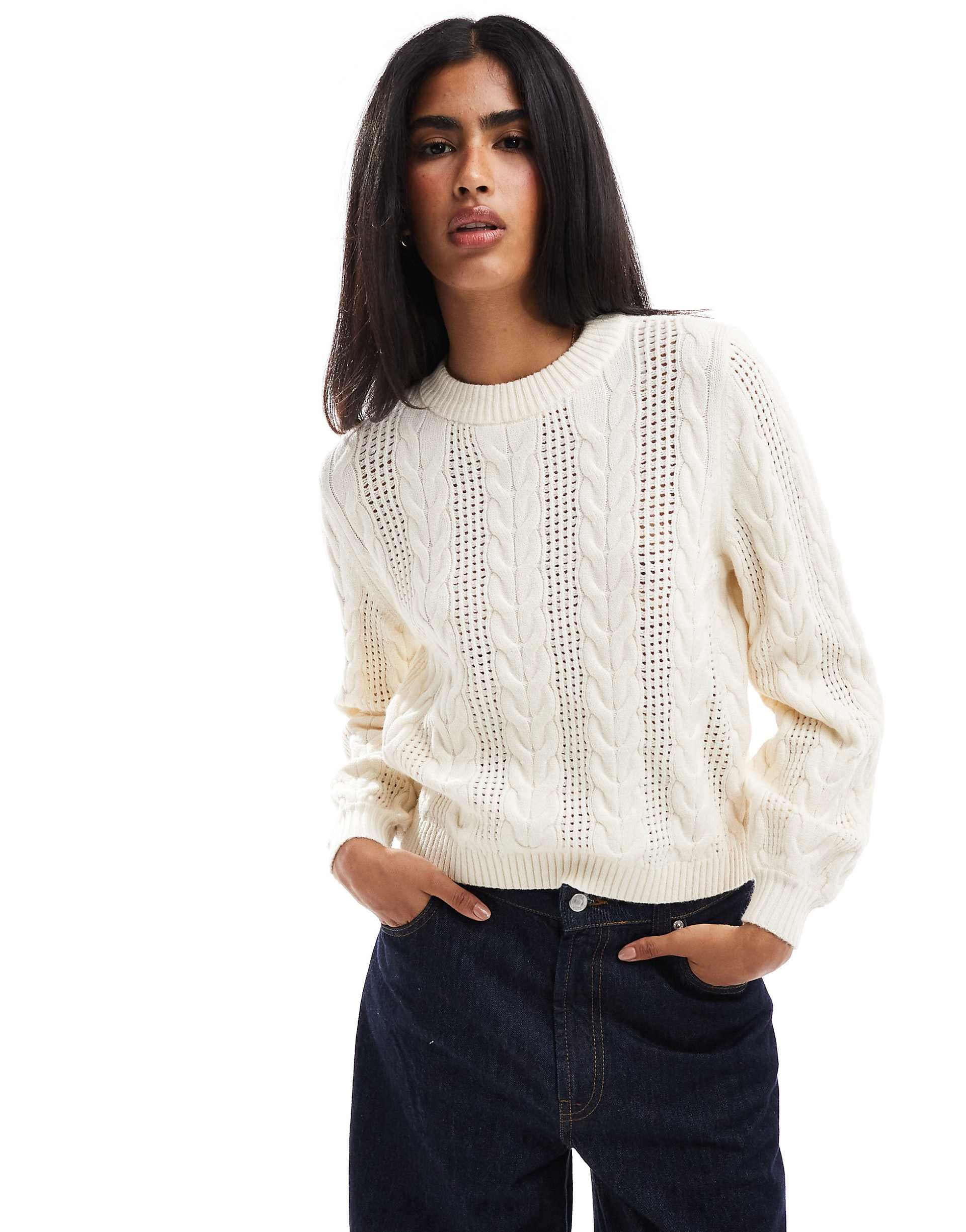 ONLY round neck cable knit sweater in cream