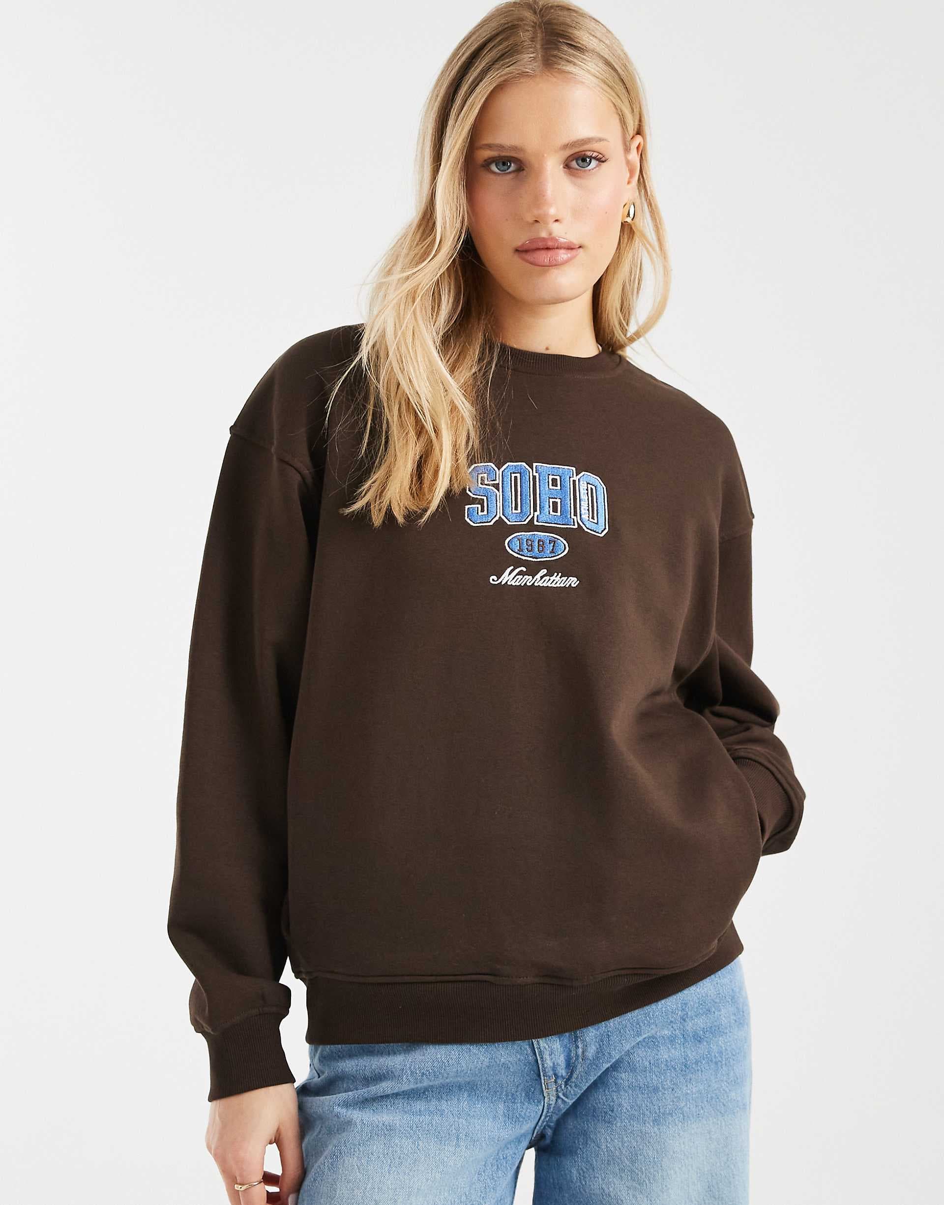 Brave Soul cotton rich sweatshirt with soho print in chocolate brown