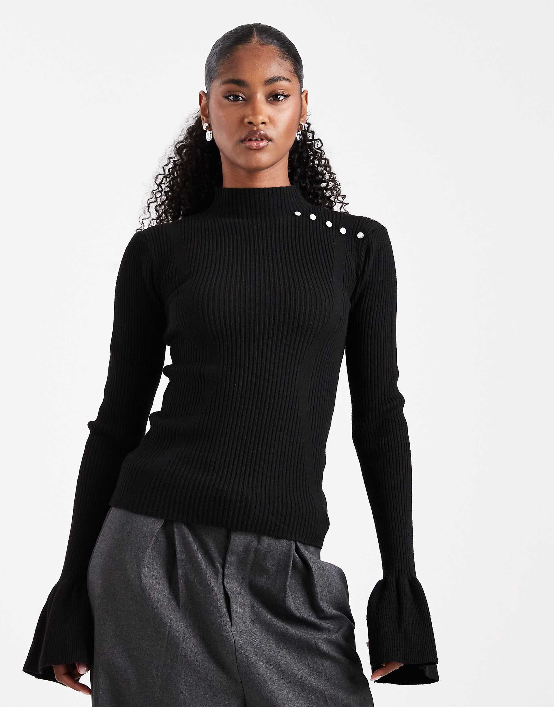 The Frolic exclusive rib knit pearl detail flare sleeve sweater in black