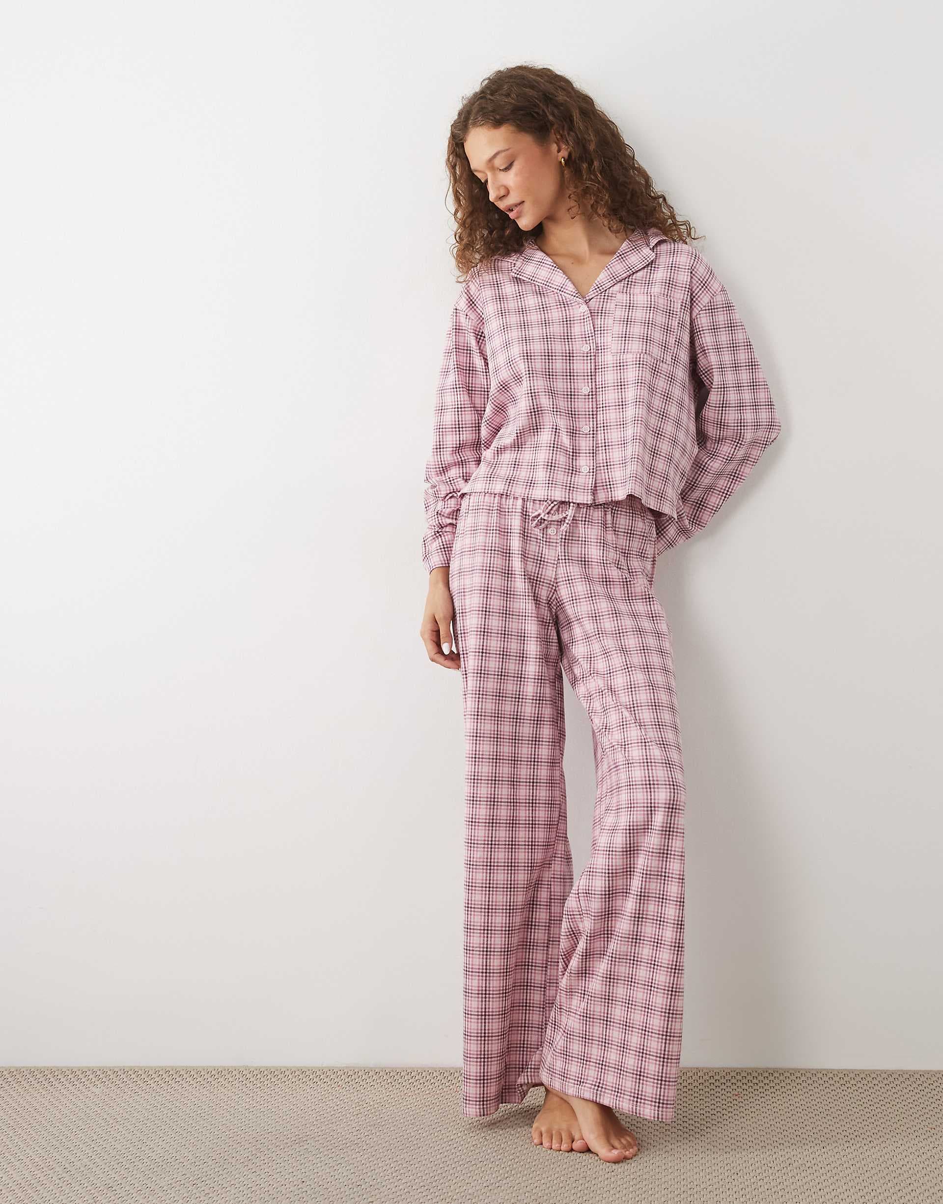 Cotton On Dreamy Soft pajama boxy shirt and flared pants in pink micro check