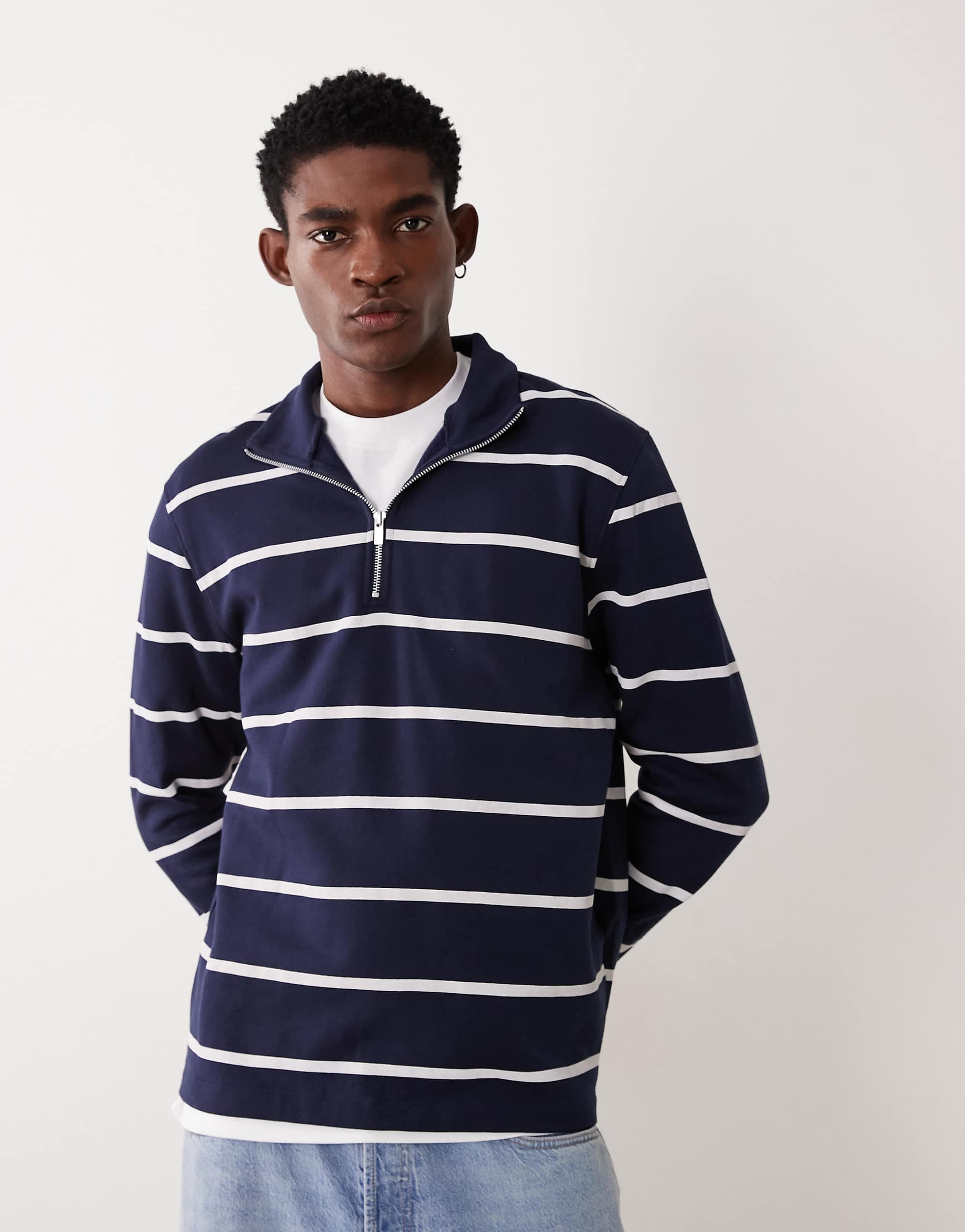 ASOS DESIGN essential striped half zip sweatshirt in navy
