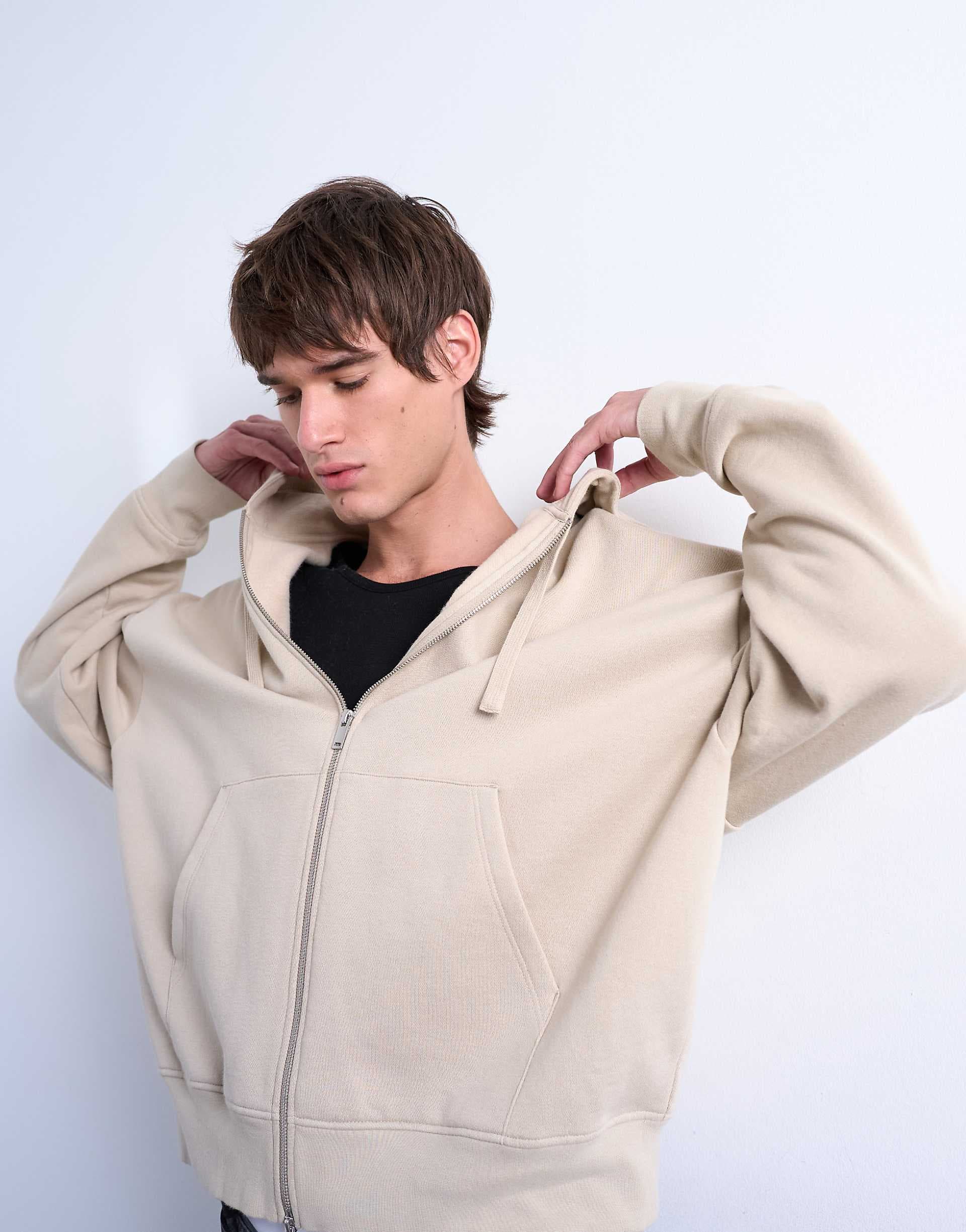 Topman heavyweight oversized fit zip up hoodie in light stone