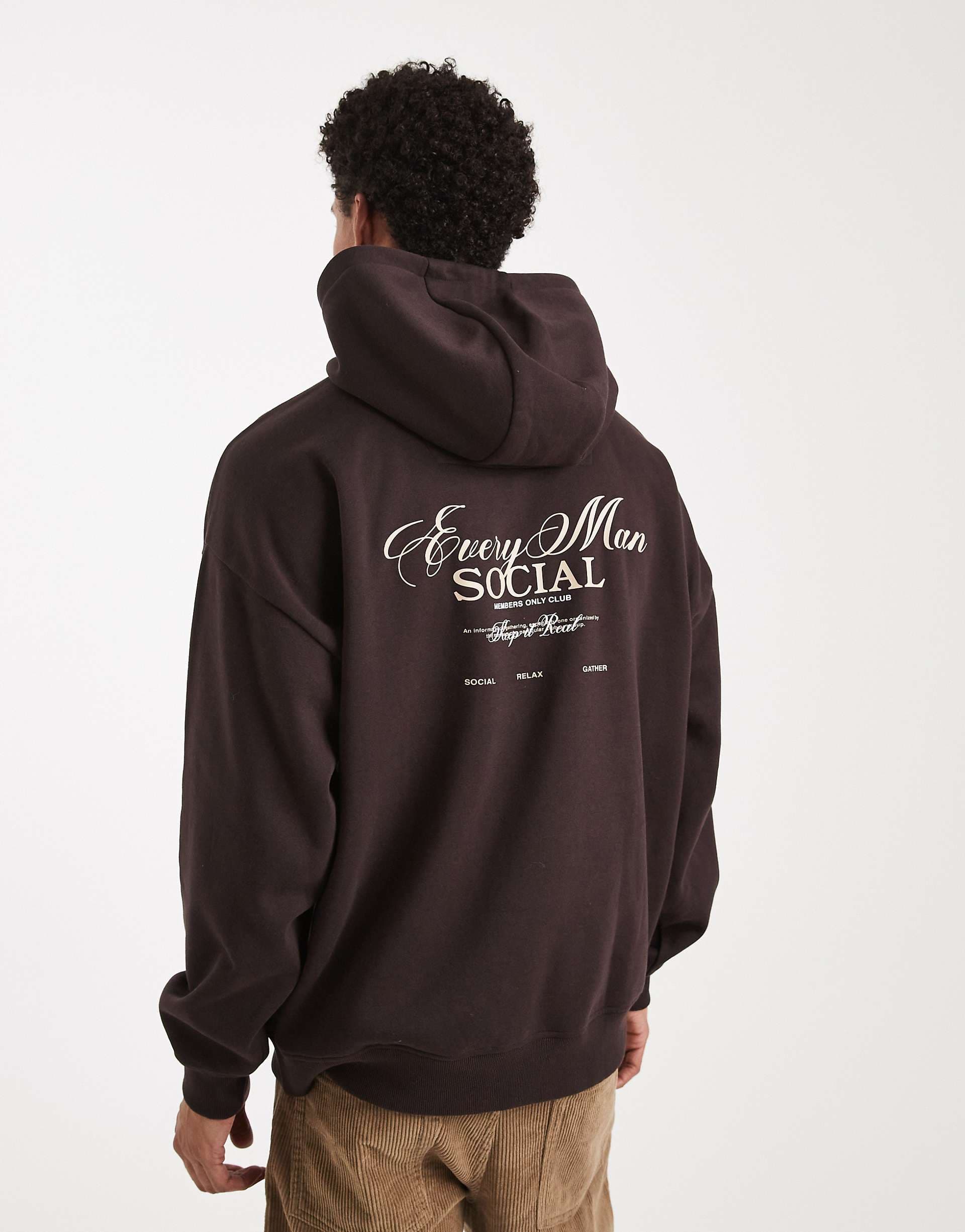 Threadbare oversized back print hoodie in chocolate brown