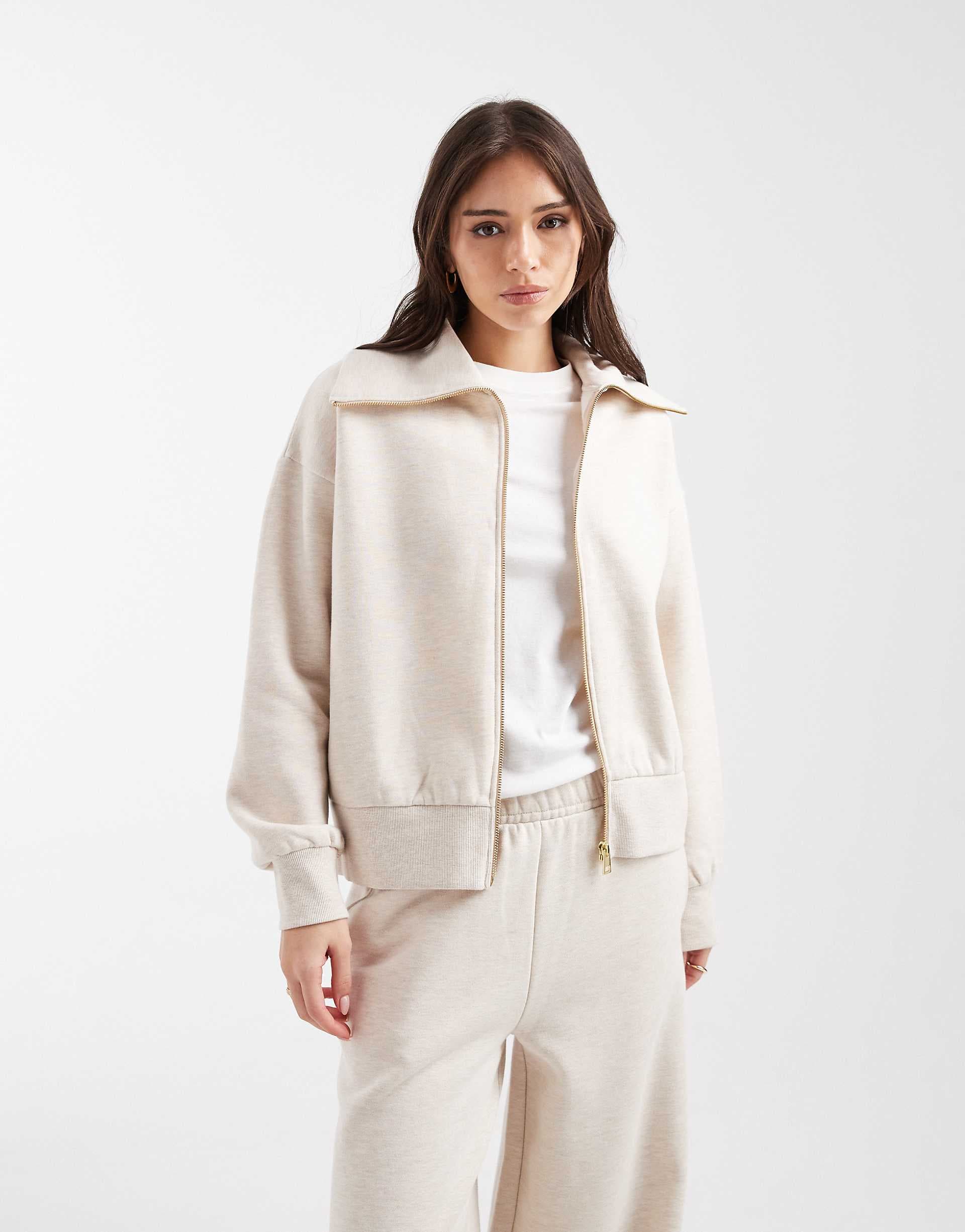 Miss Selfridge premium zip up collar detail sweatshirt in oatmeal - part of a set