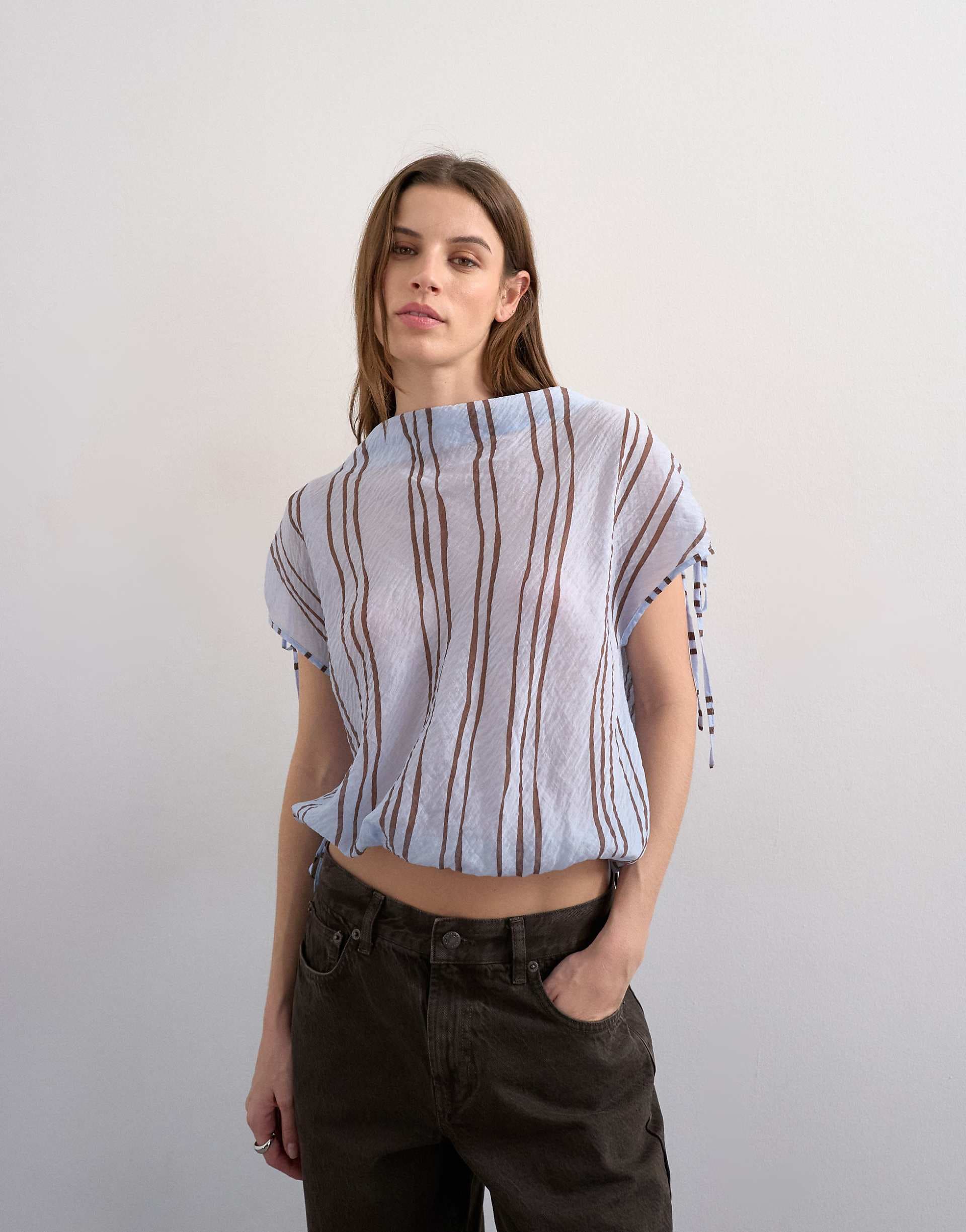 Topshop draped high neck top with tie back in blue stripes