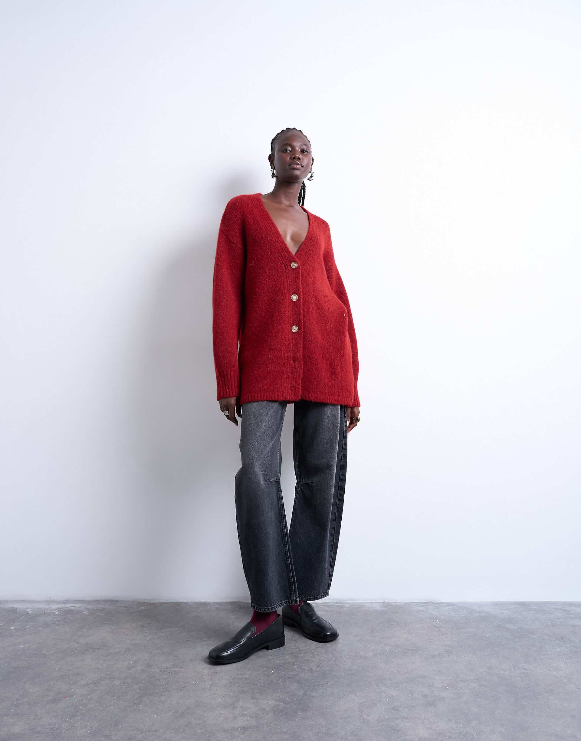 Topshop easy oversized boyfriend fit longline knit cardigan in red