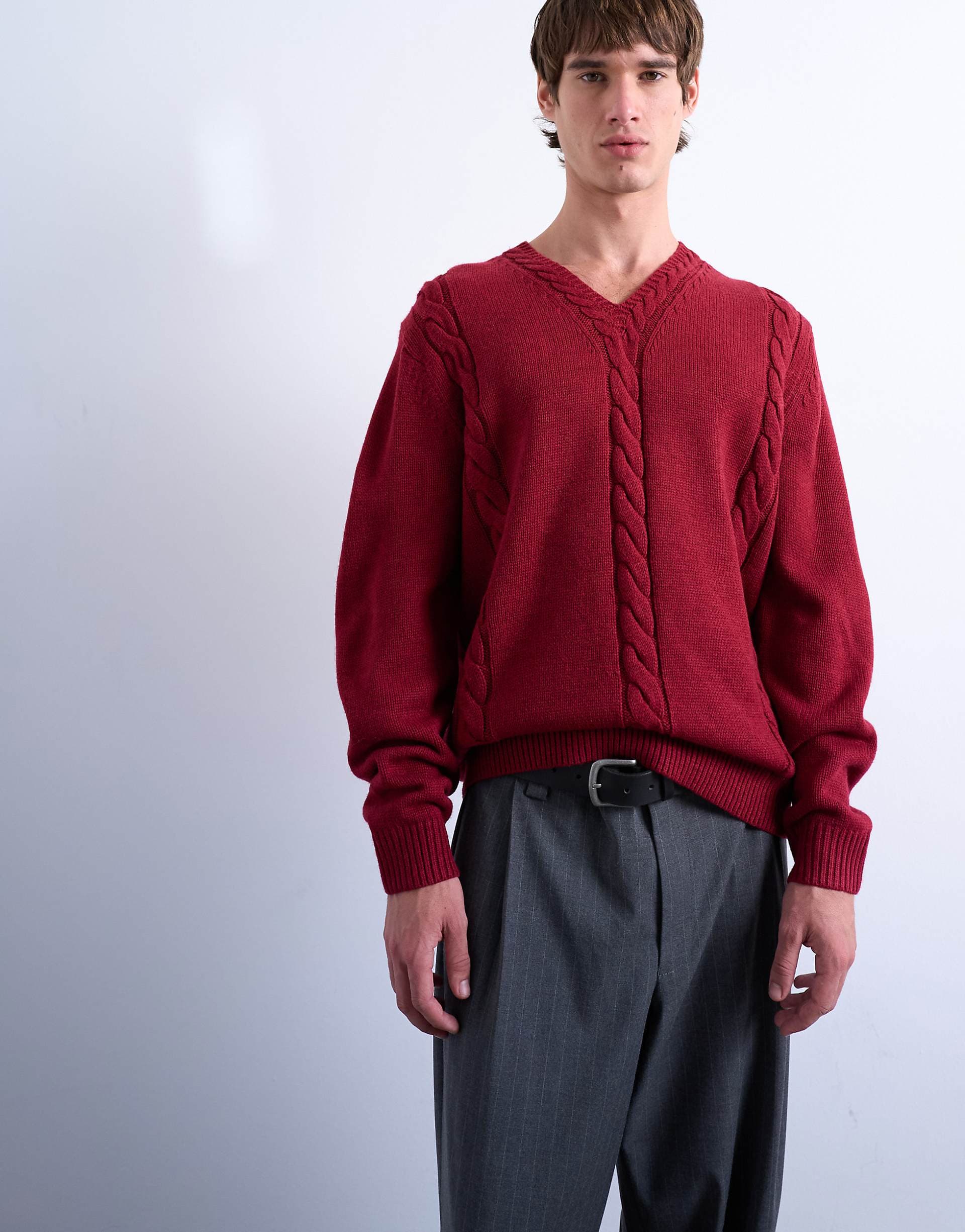 Topman relaxed fit v-neck cable knit sweater in red
