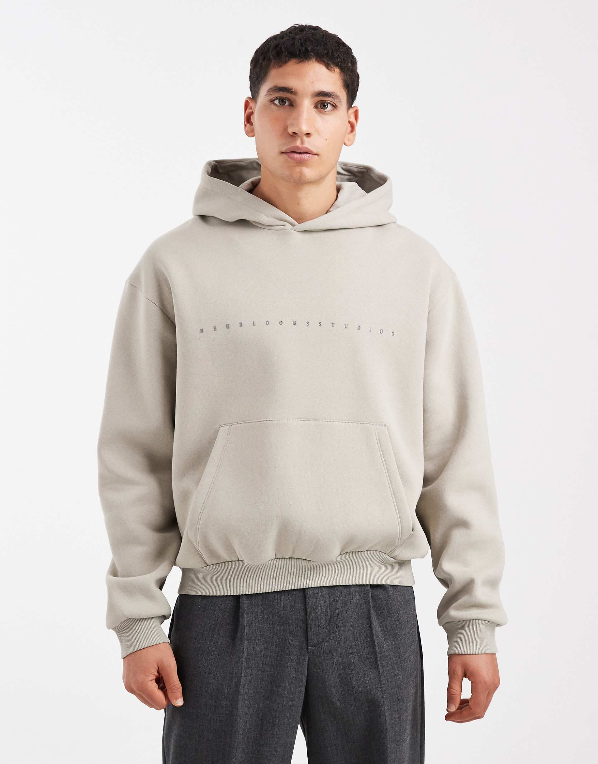 ASOS DESIGN relaxed boxy hoodie with text print in stone