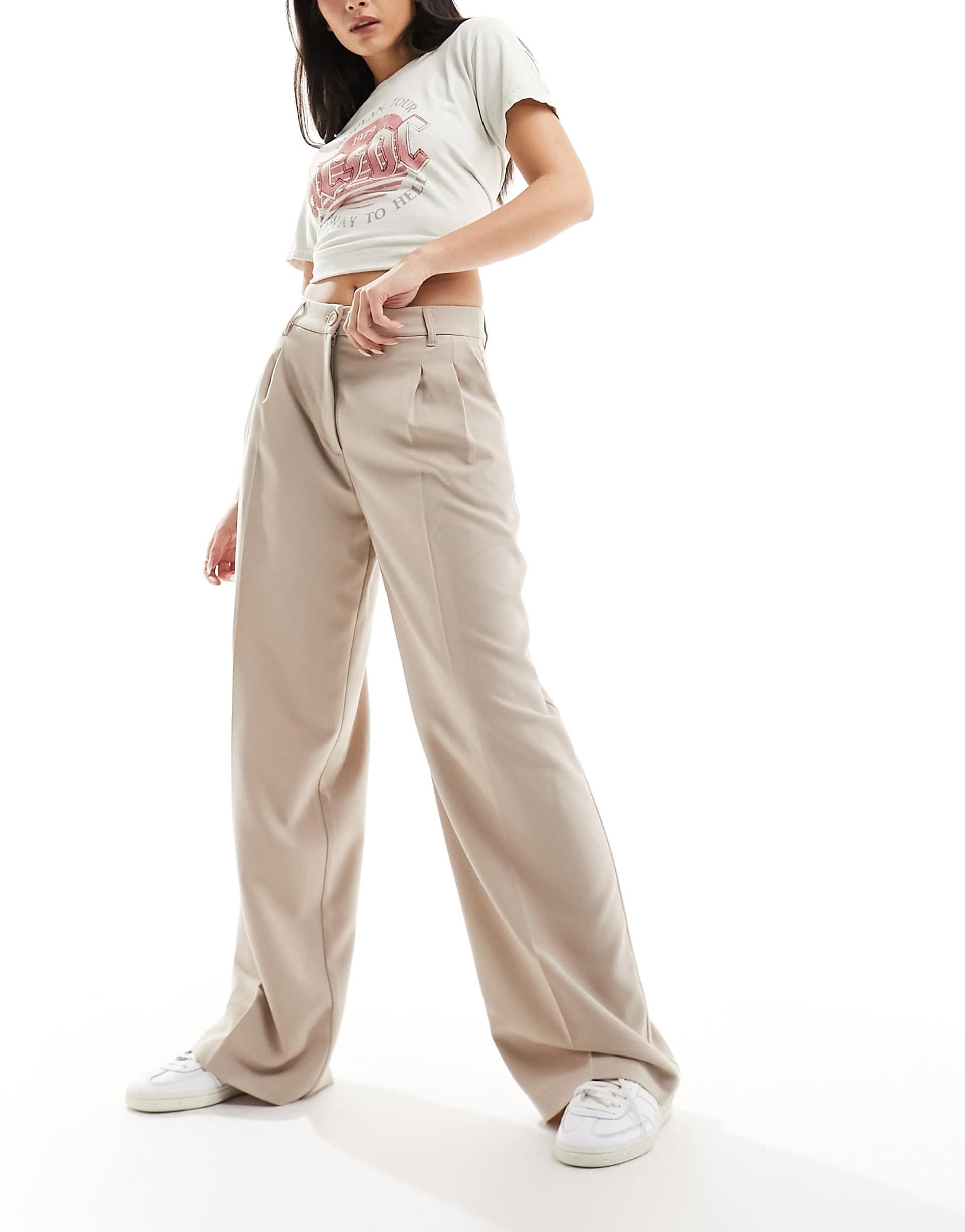 Monki high waist wide leg tailored pants in beige