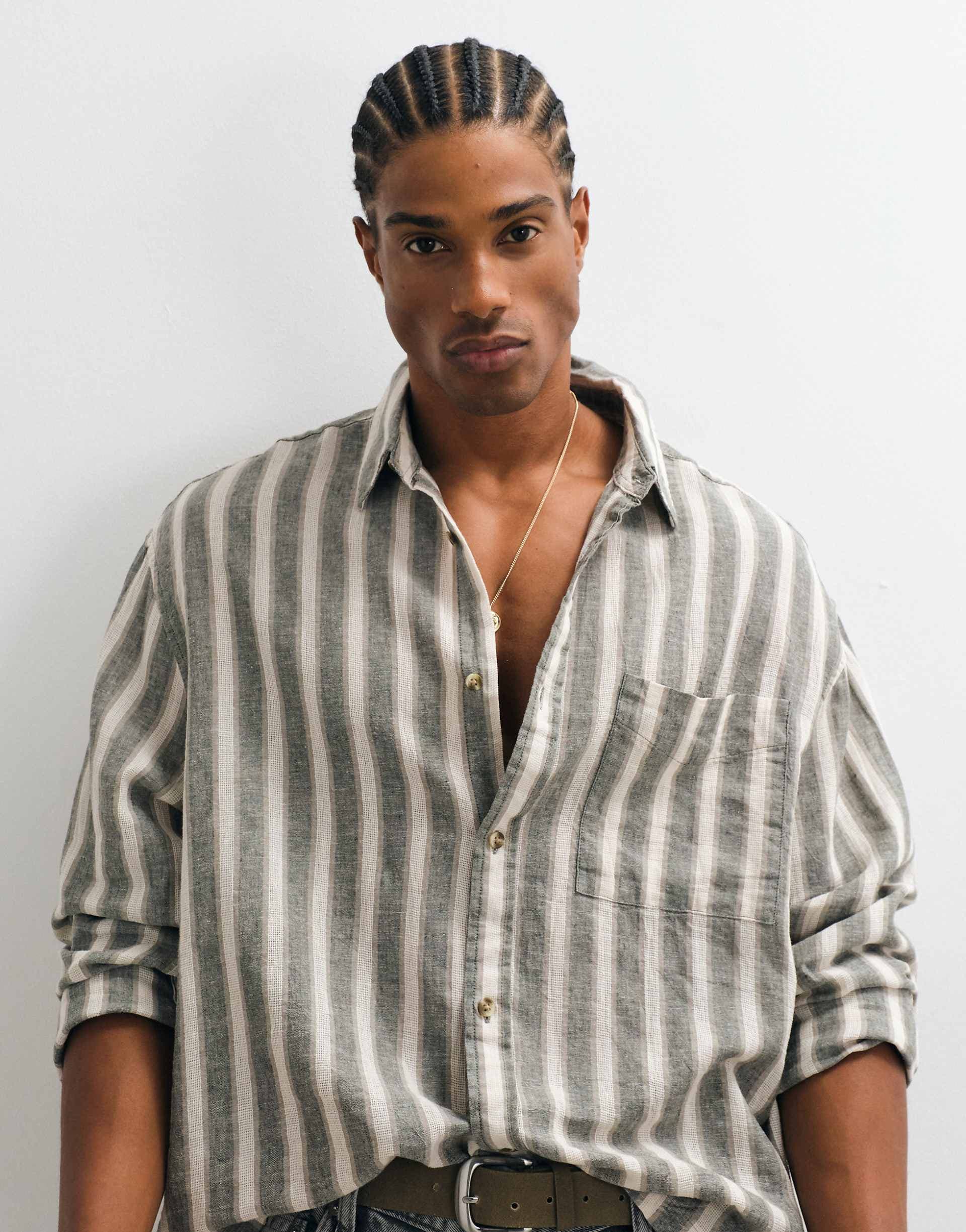 ASOS DESIGN oversized boxy striped shirt in khaki