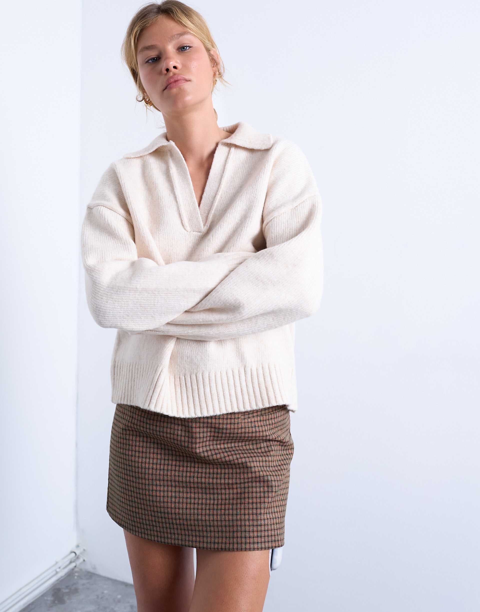 Topshop knit v neck collar sweater in oat