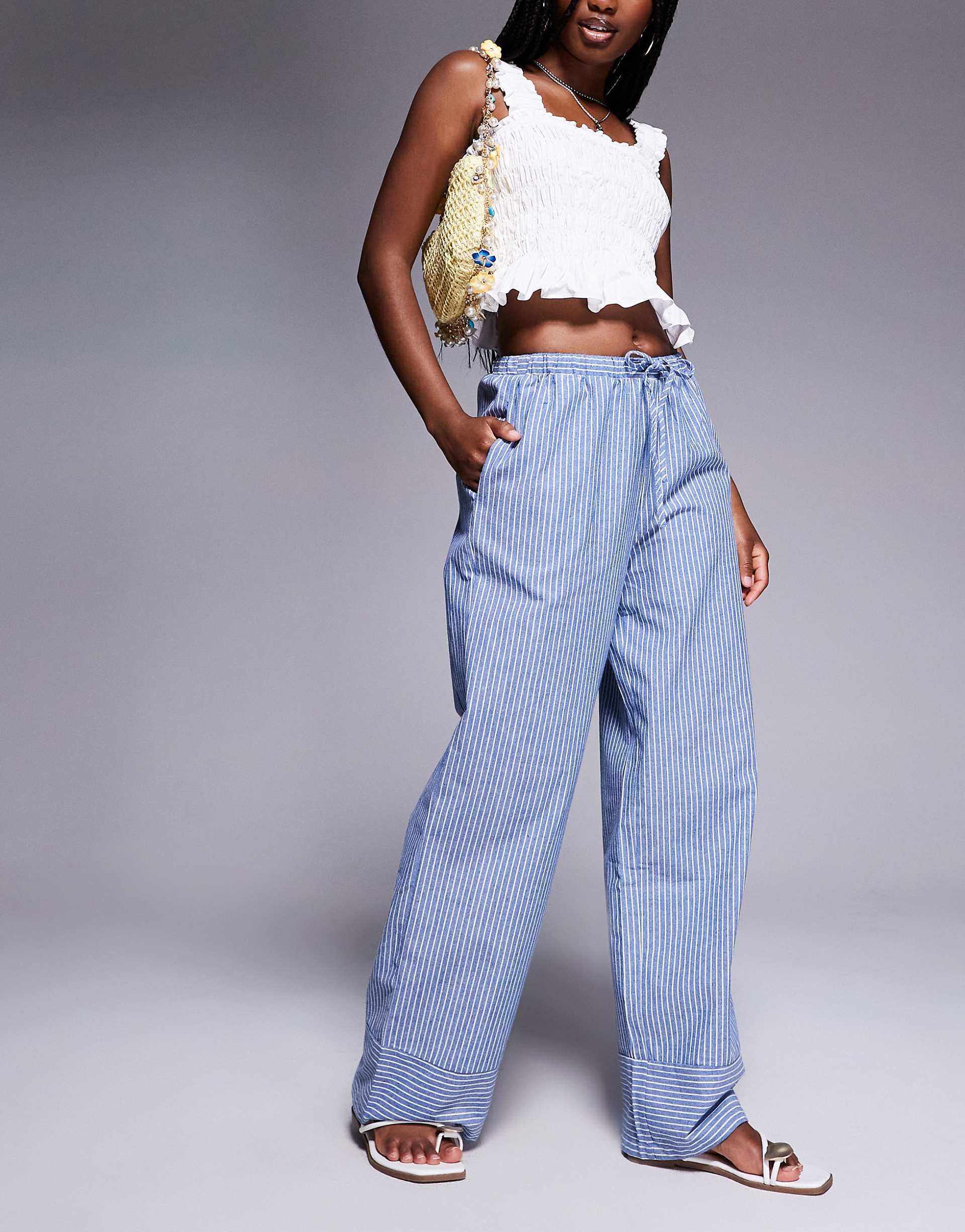 Princess Polly Veridian linen look drawstring waist wide leg pants in blue stripes