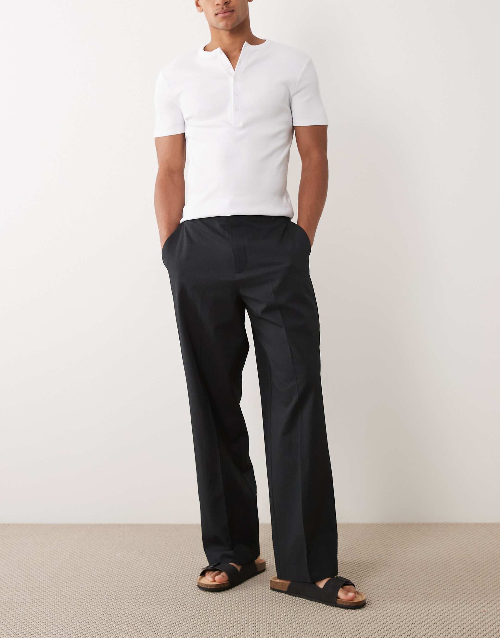 ASOS DESIGN tailored wide leg pants with elastic waist in black seersucker