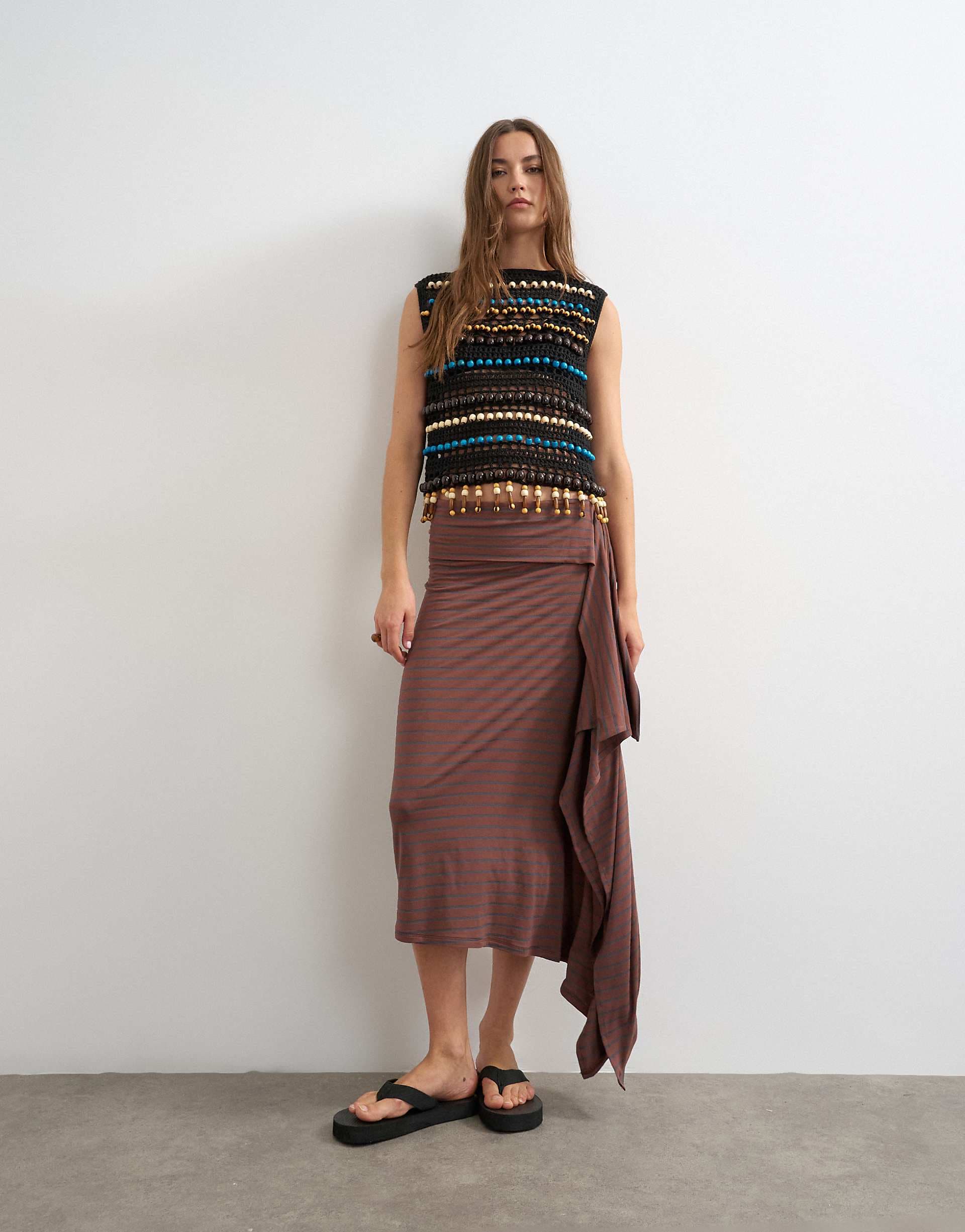 Topshop striped draped midi skirt in brown