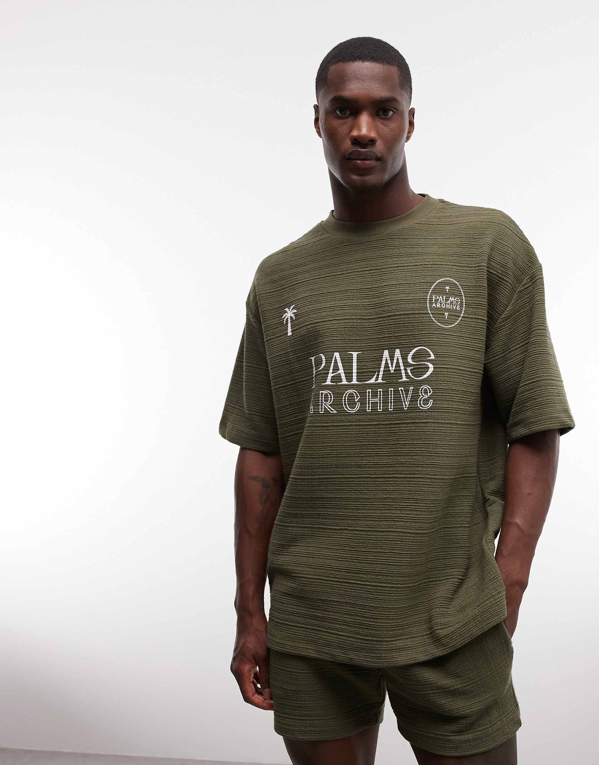 ASOS DESIGN heavyweight oversized t-shirt with soccer graphic in olive textured fabric - part of a set