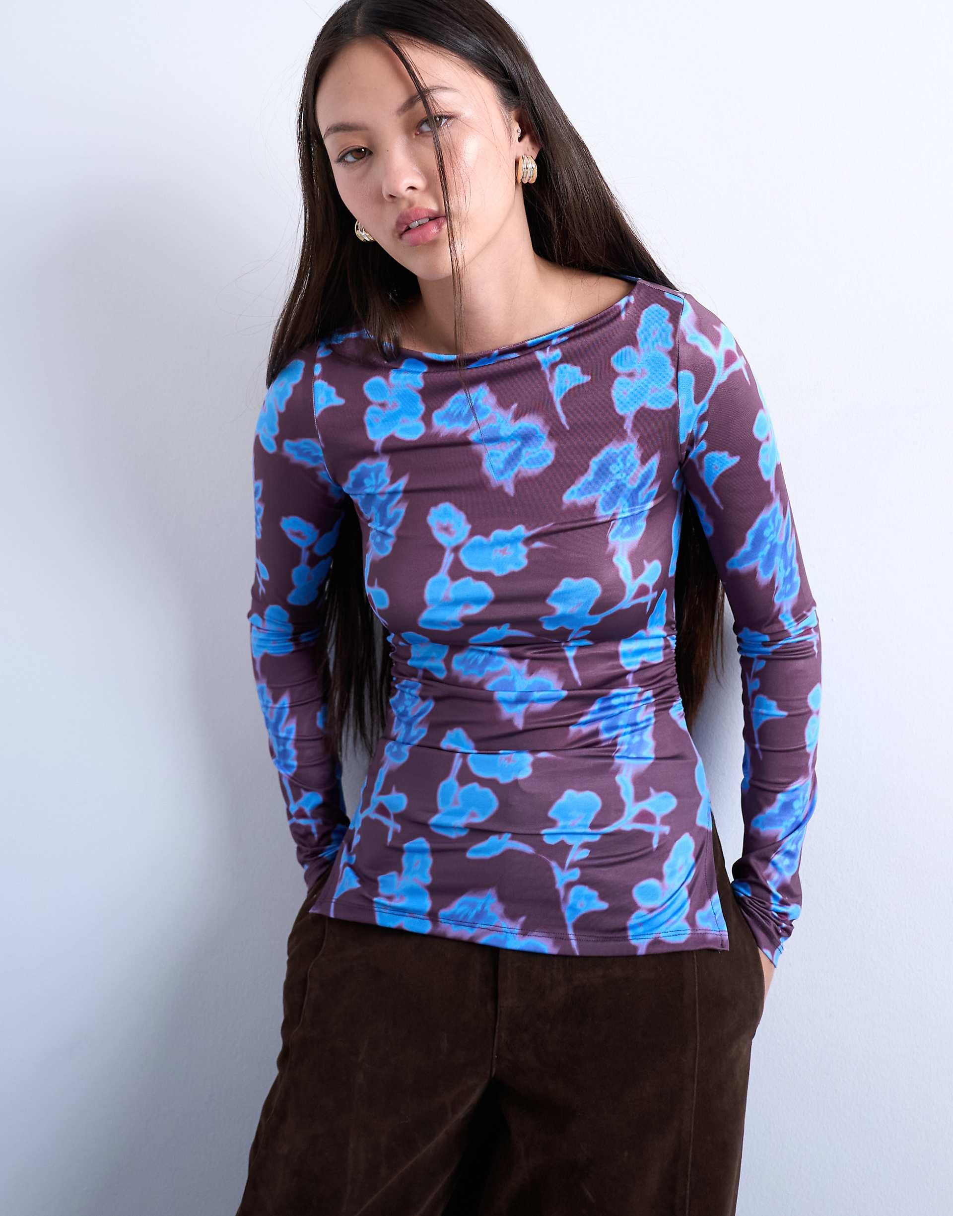 Topshop abstract floral print slash neck long sleeve top in blue