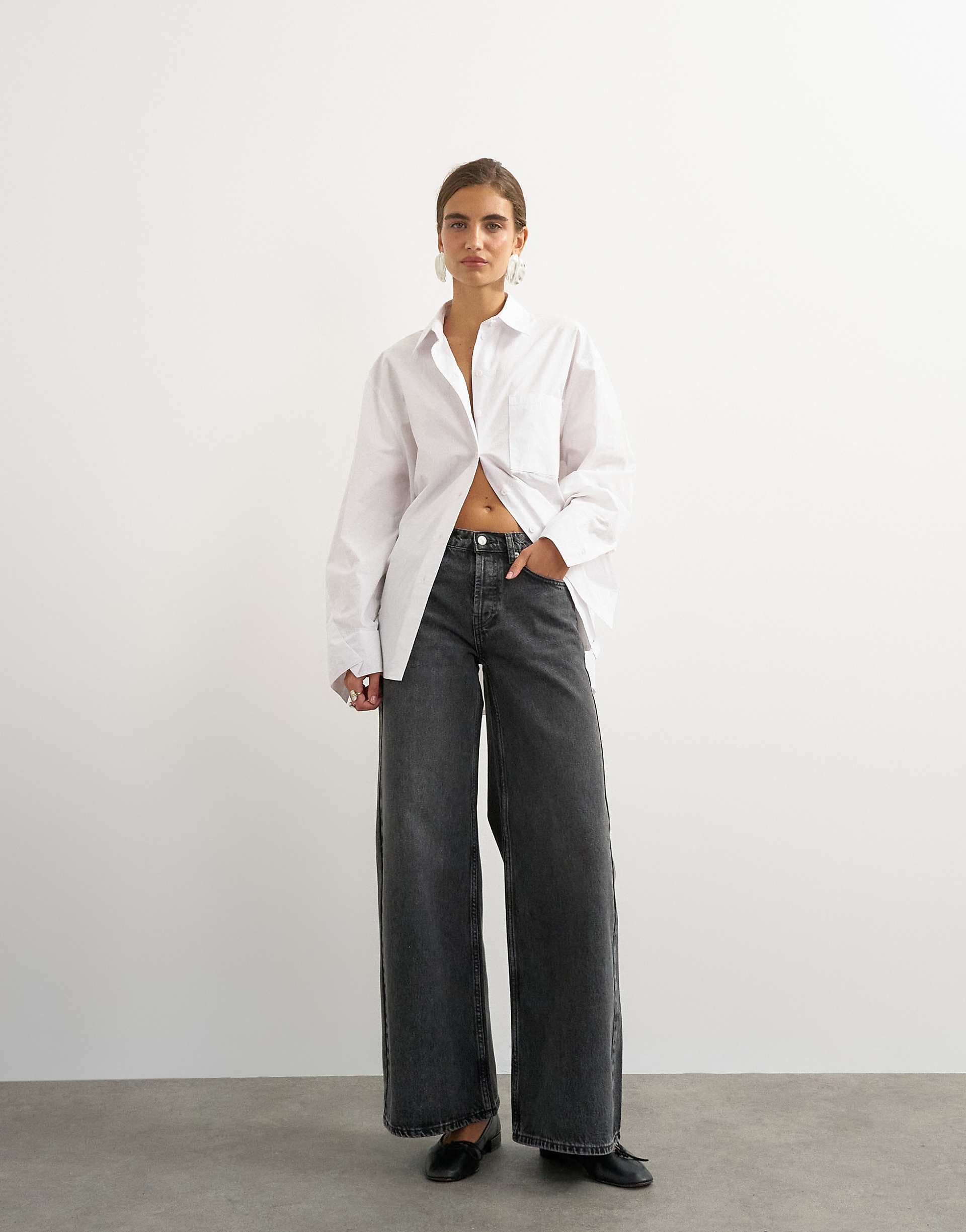 Topshop Horizon mid rise wide leg jeans in washed black