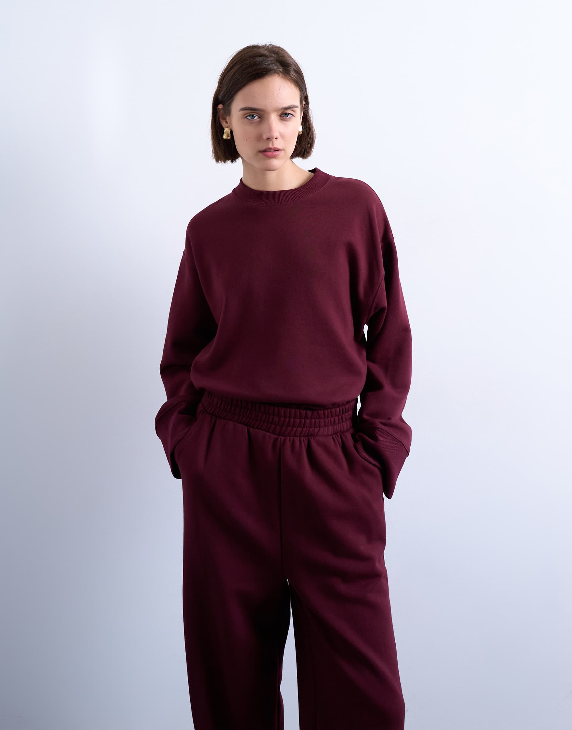Topshop clean oversized deep cuff sweatshirt in burgundy