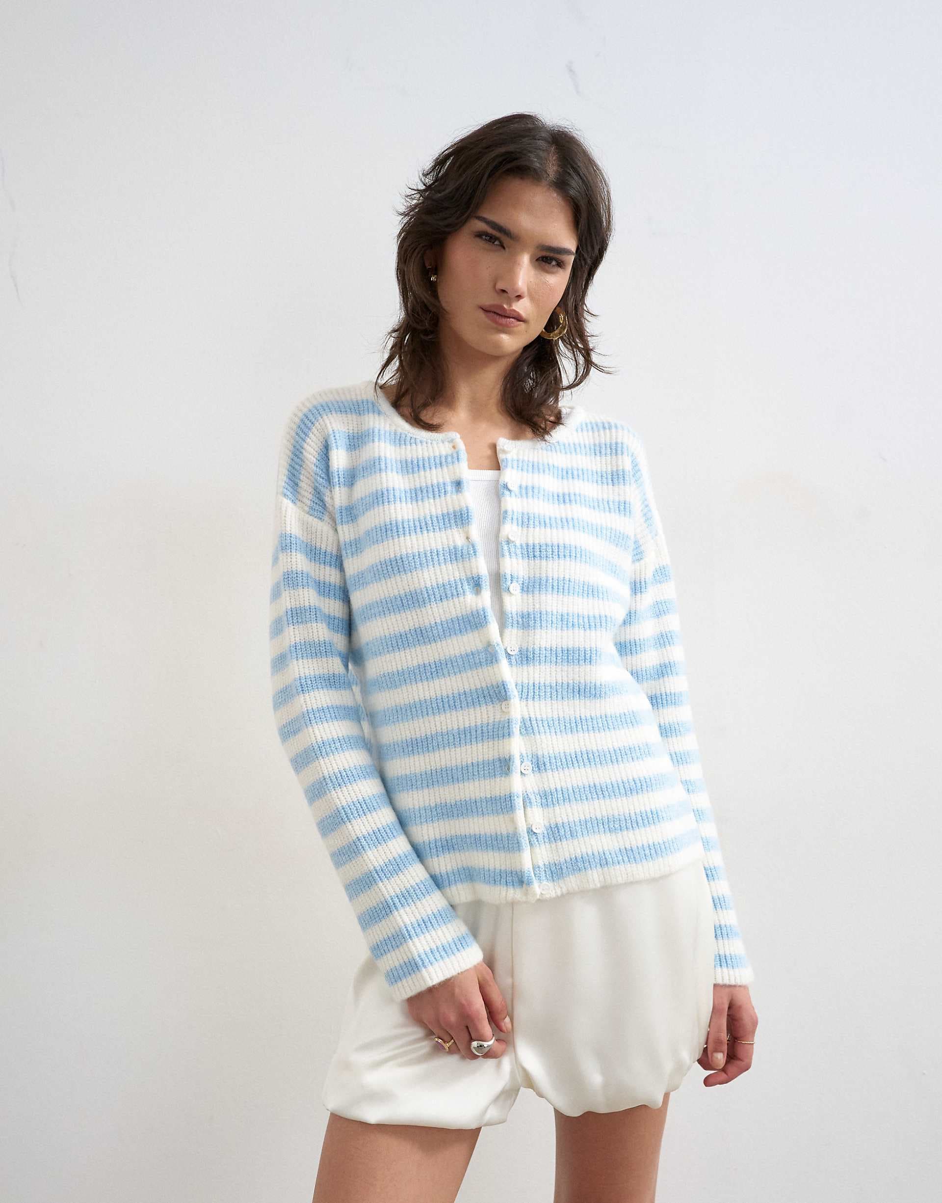 Topshop knit lightweight easy ribbed striped relaxed cardigan in blue and ecru