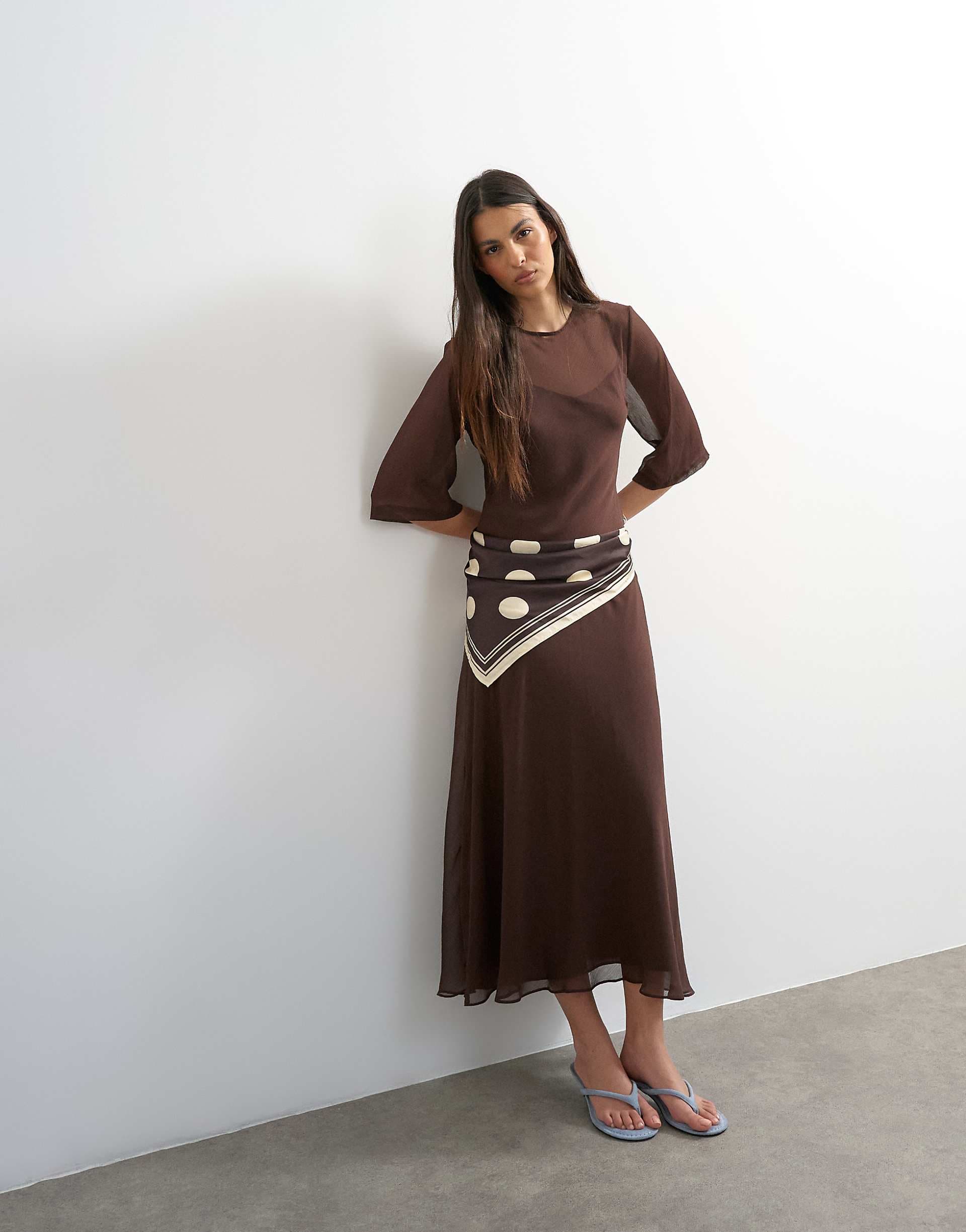 Topshop curved waistband chiffon T-shirt maxi dress in chocolate brown