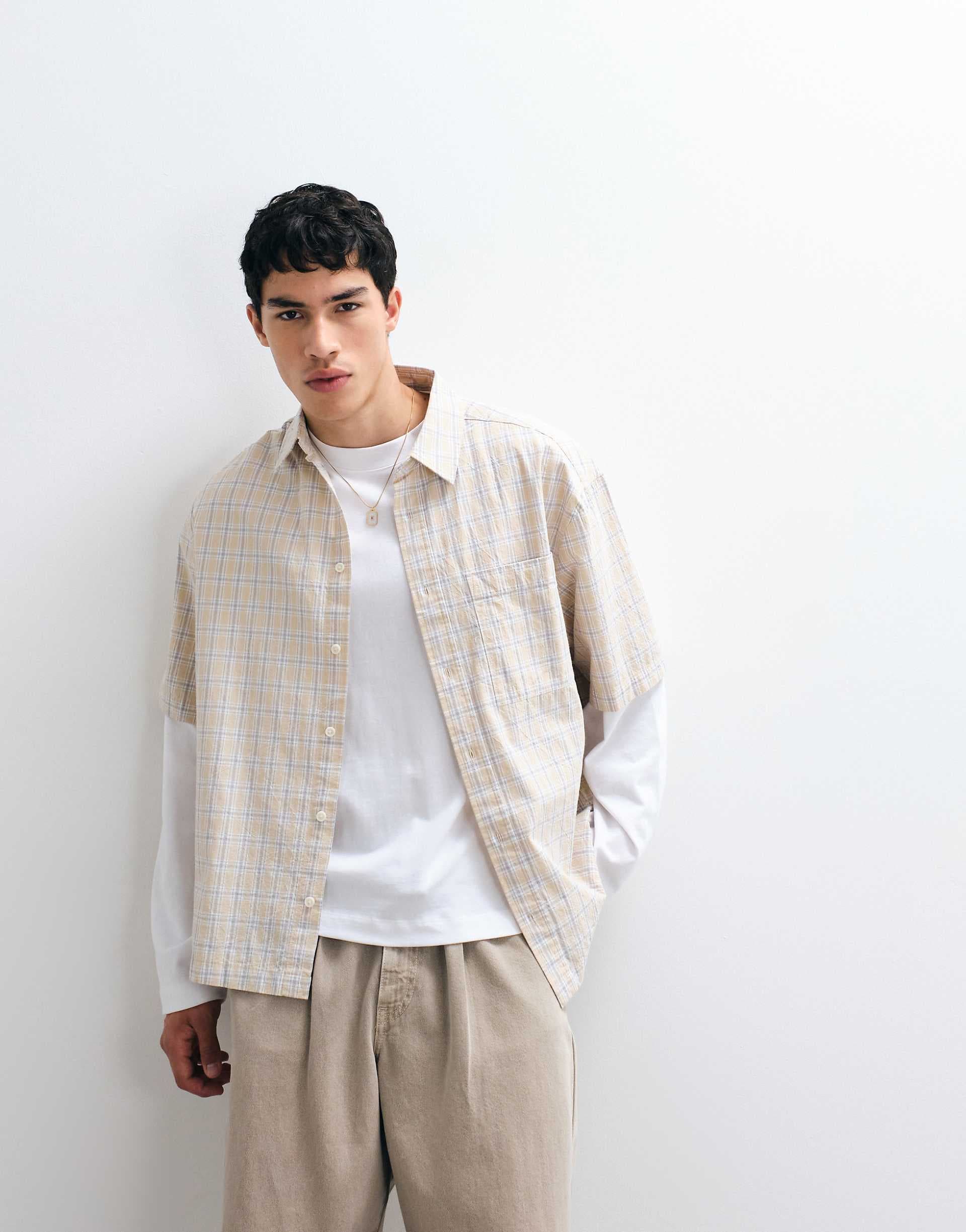 ASOS DESIGN oversized plaid shirt in beige