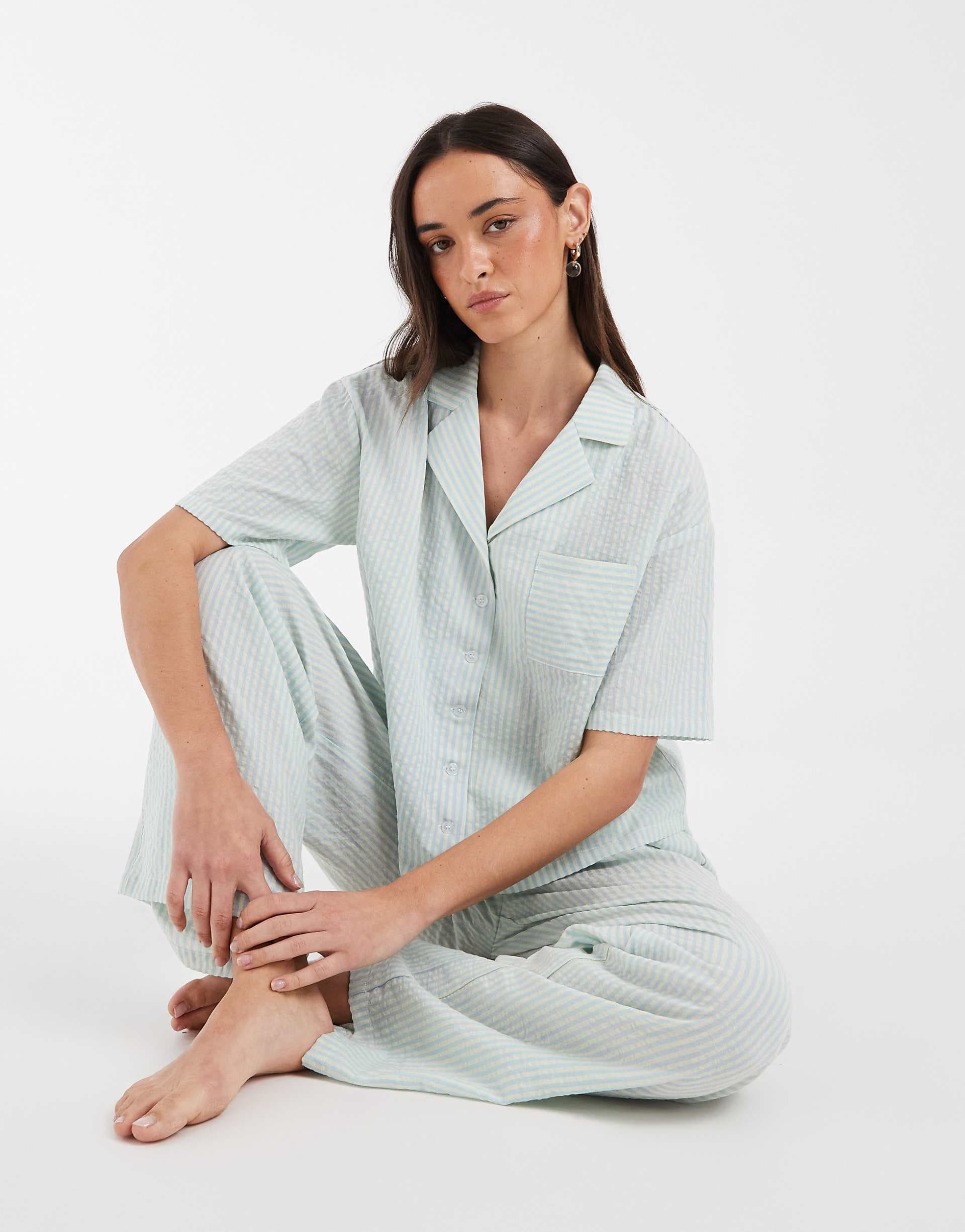Daisy Street pyjama shirt and matching pants in blue striped print