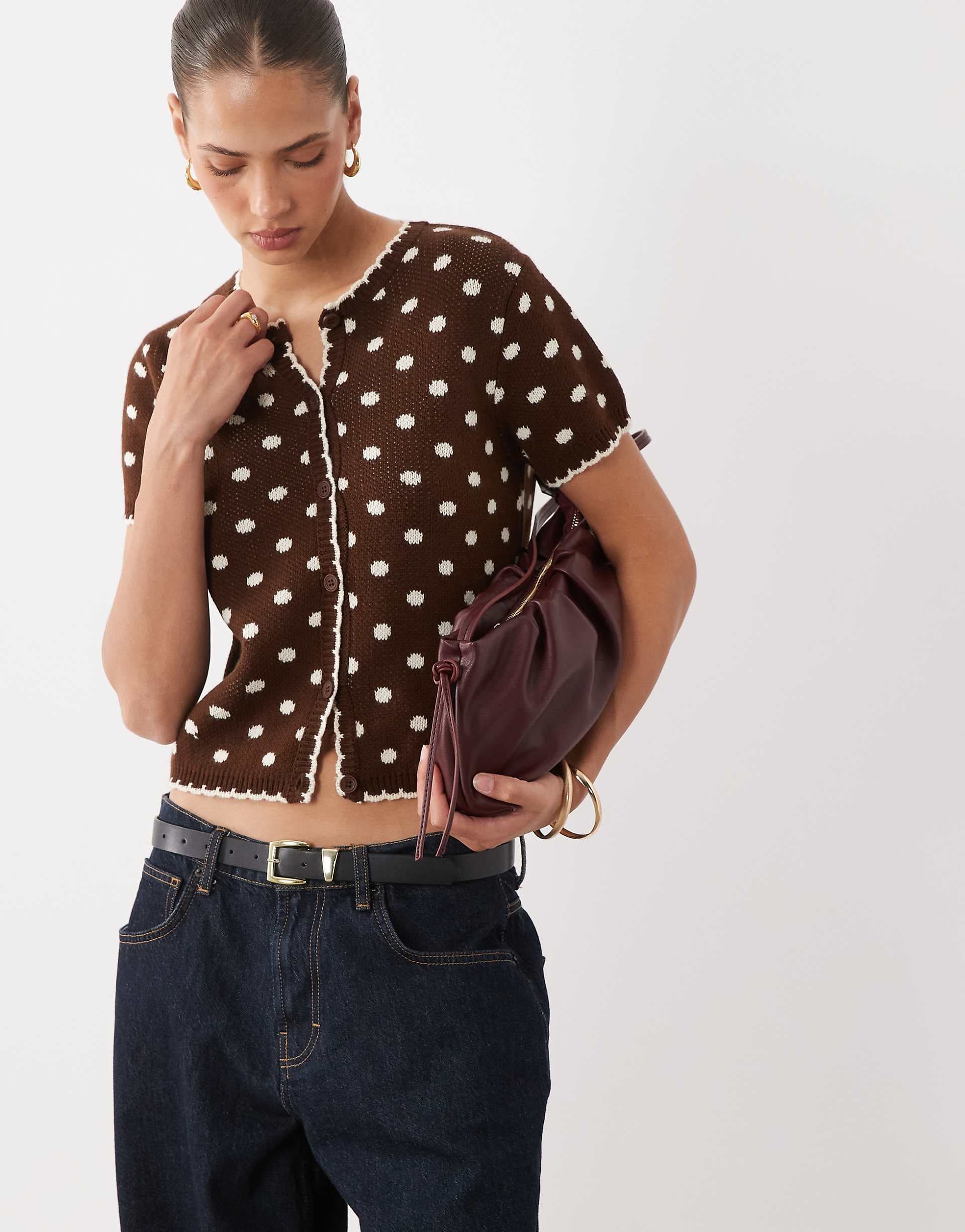Miss Selfridge short sleeve blanket stitch cardigan in chocolate polka dot print - part of a set