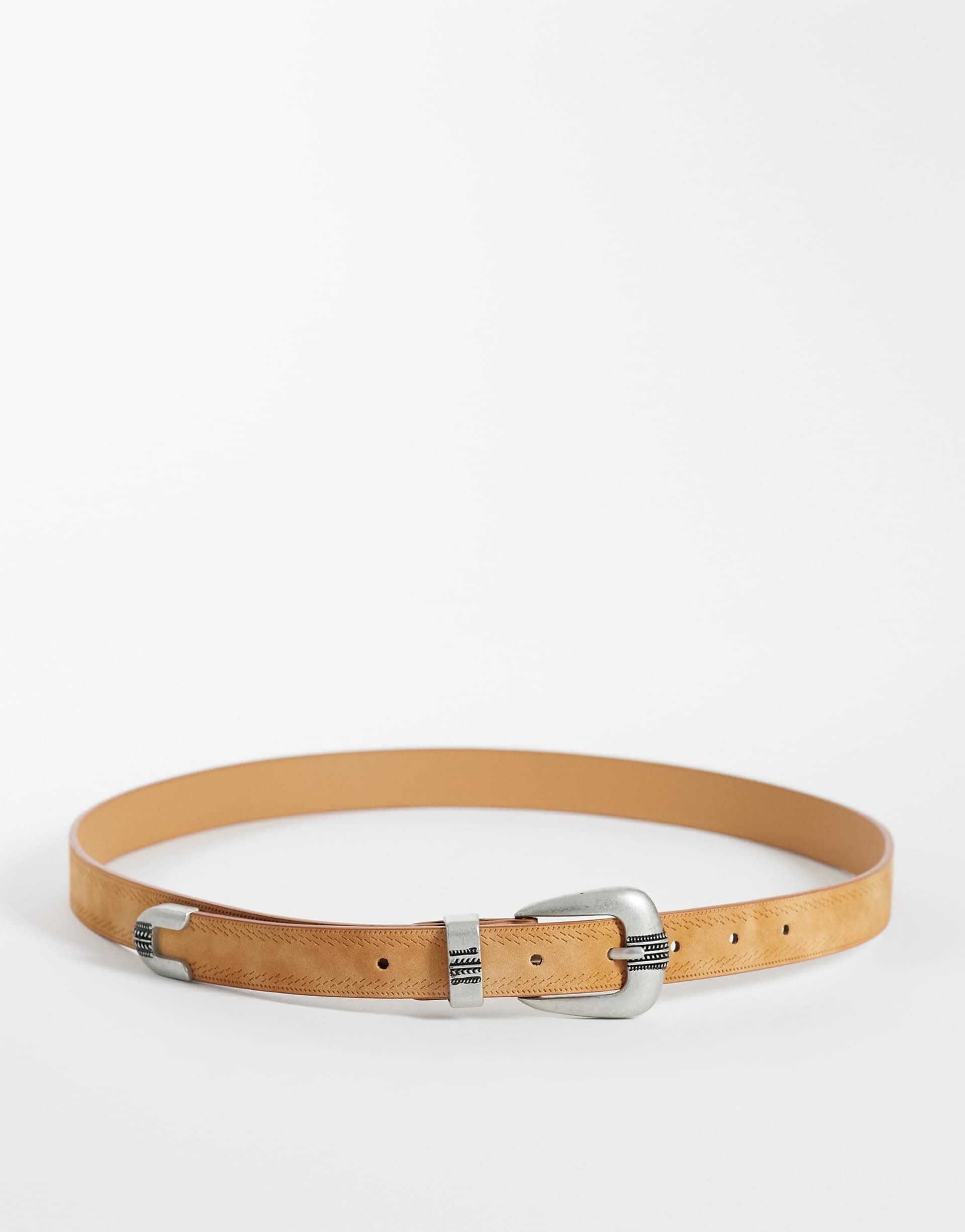 ASOS DESIGN skinny western embossed detail belt in tan faux leather