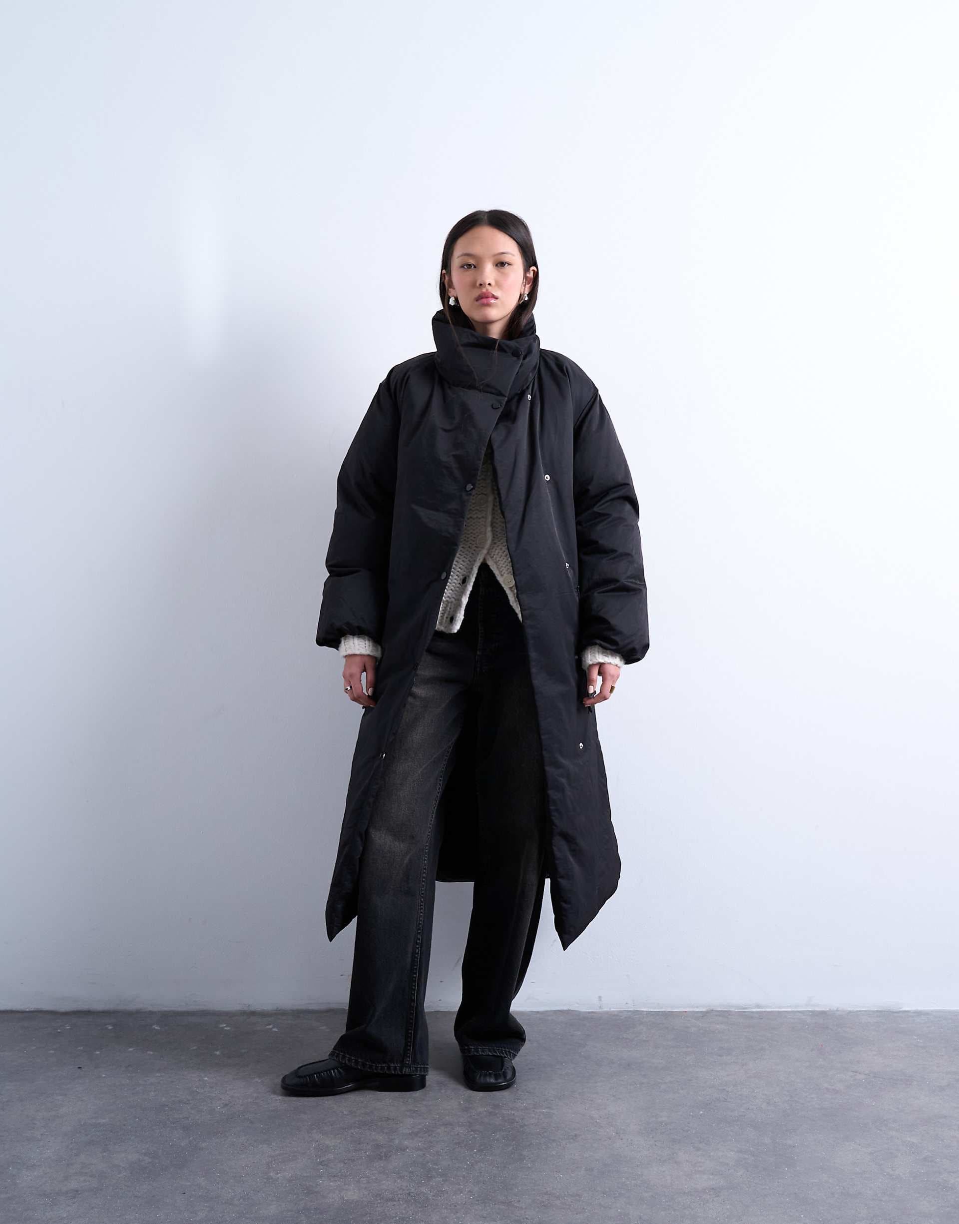 Topshop funnel neck longline belted puffer jacket in black