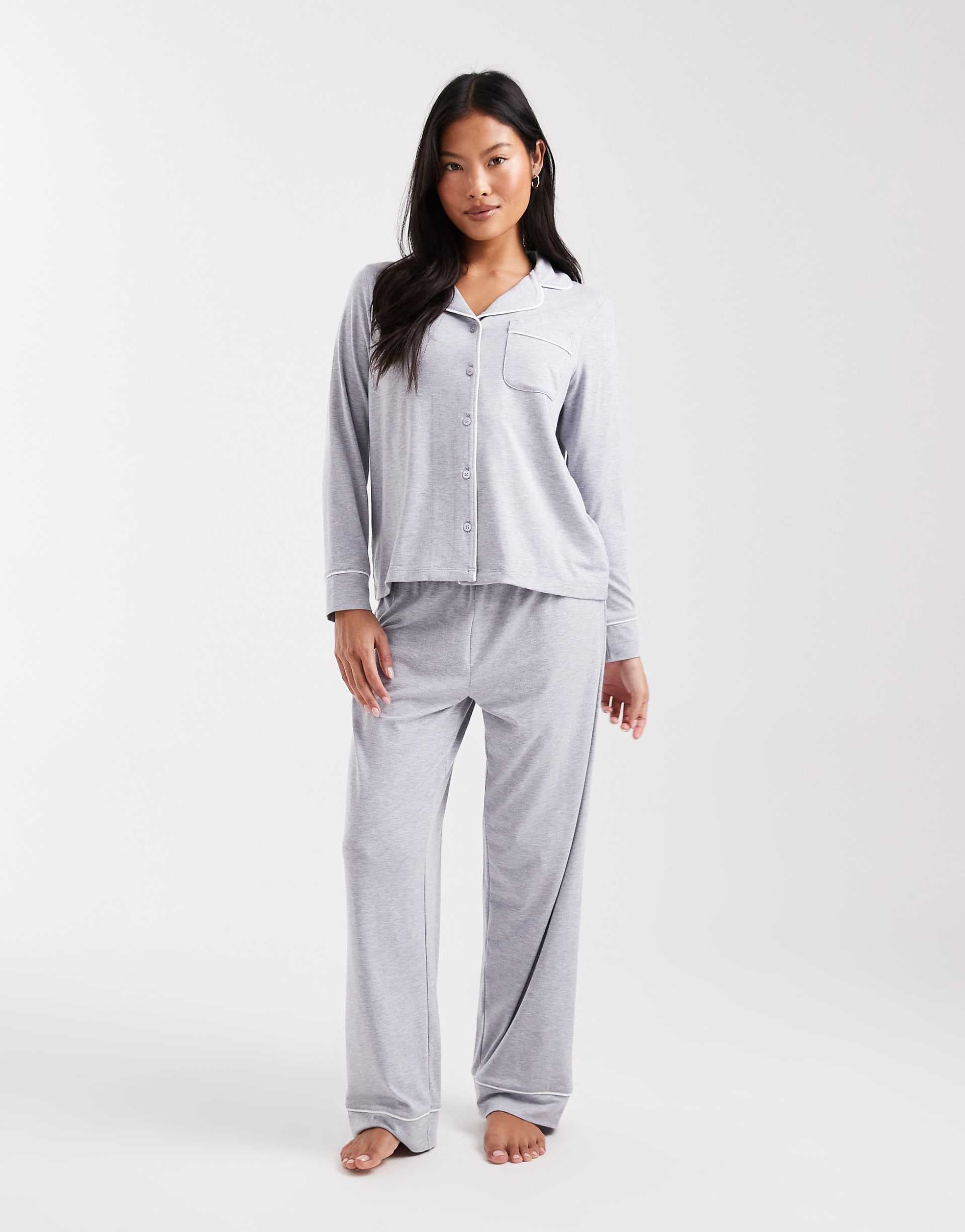 ASOS DESIGN Petite super soft long sleeve shirt & pants pajama set with contrast piping in gray