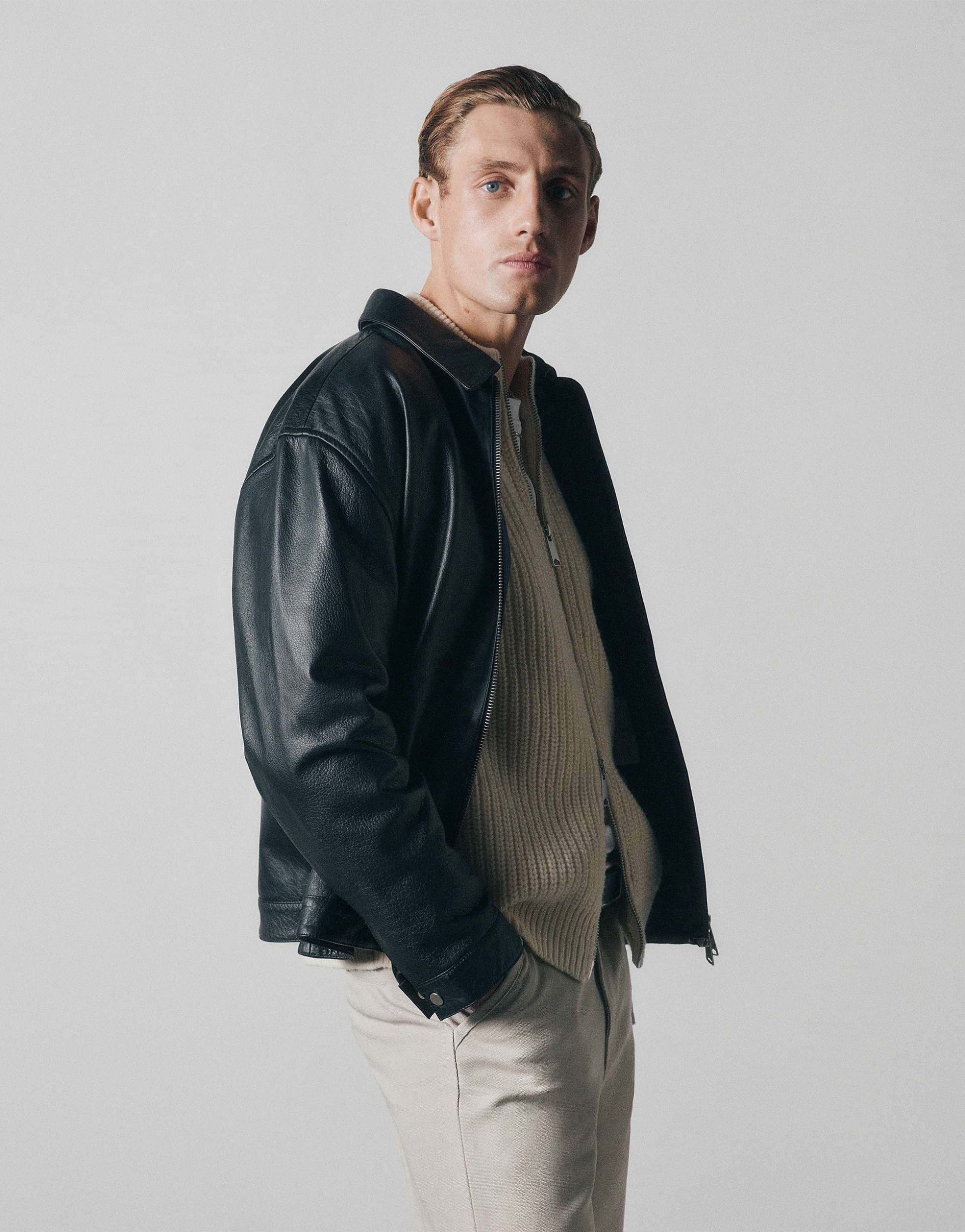 ASOS COLLECTIVE oversized harrington textured real leather jacket in black
