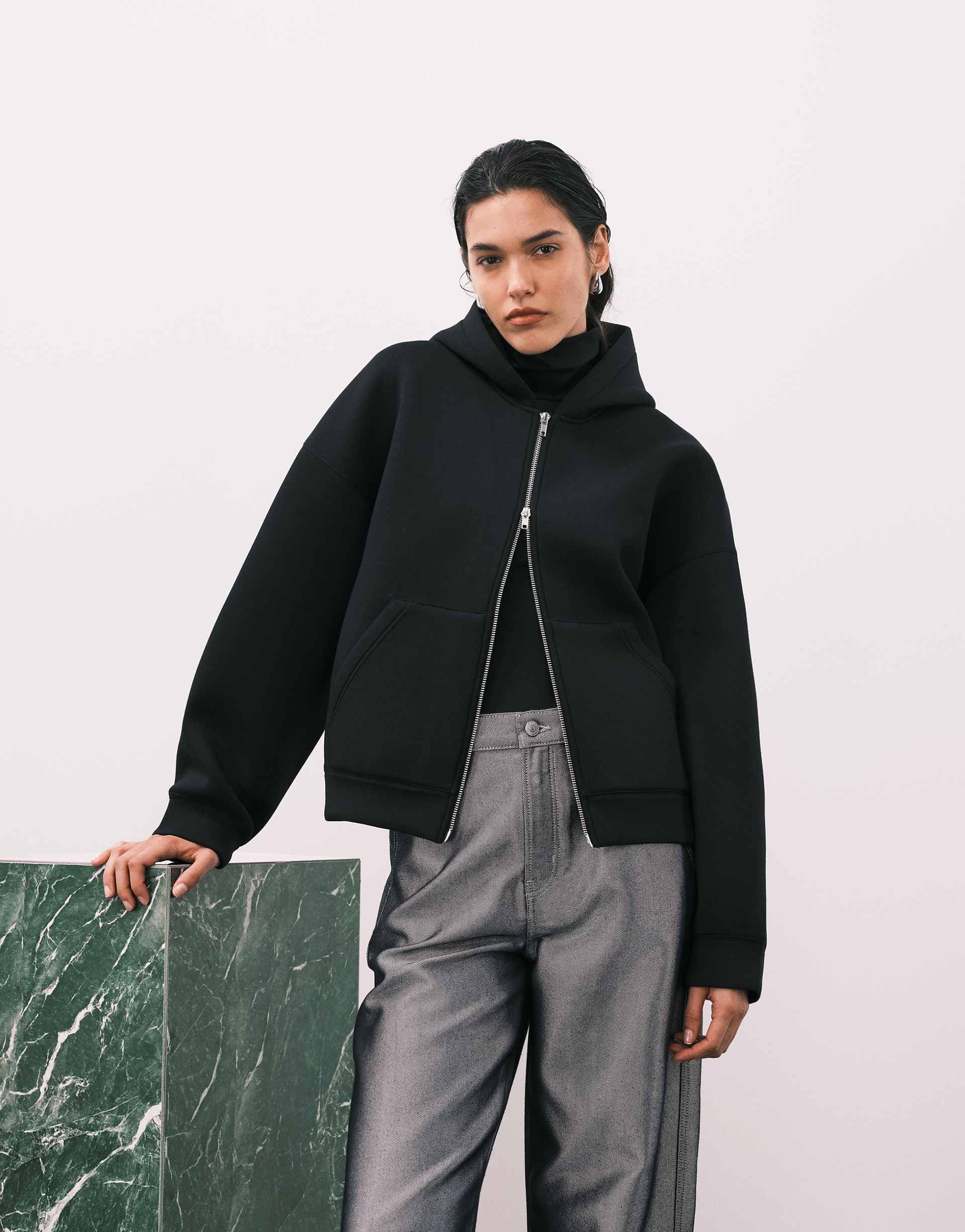 Weekday Scarlet oversized zip up hoodie in black in scuba-style fabric
