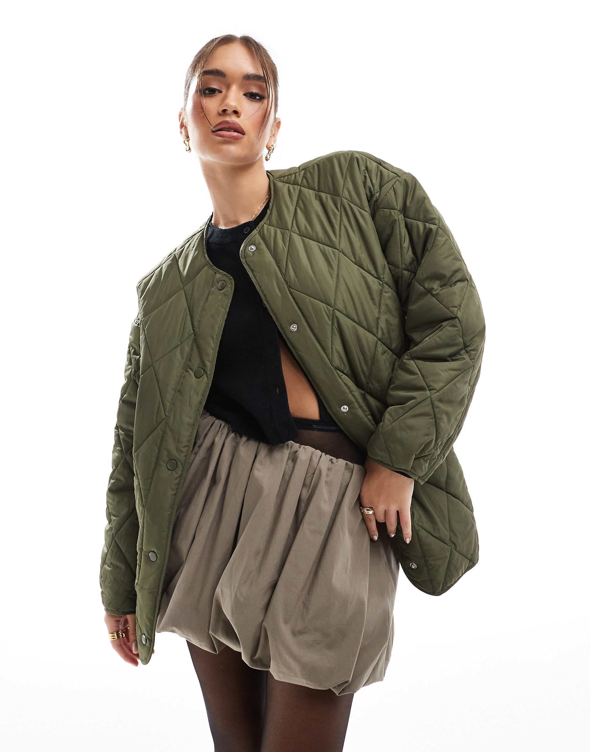 Pieces quilted lightweight jacket in olive